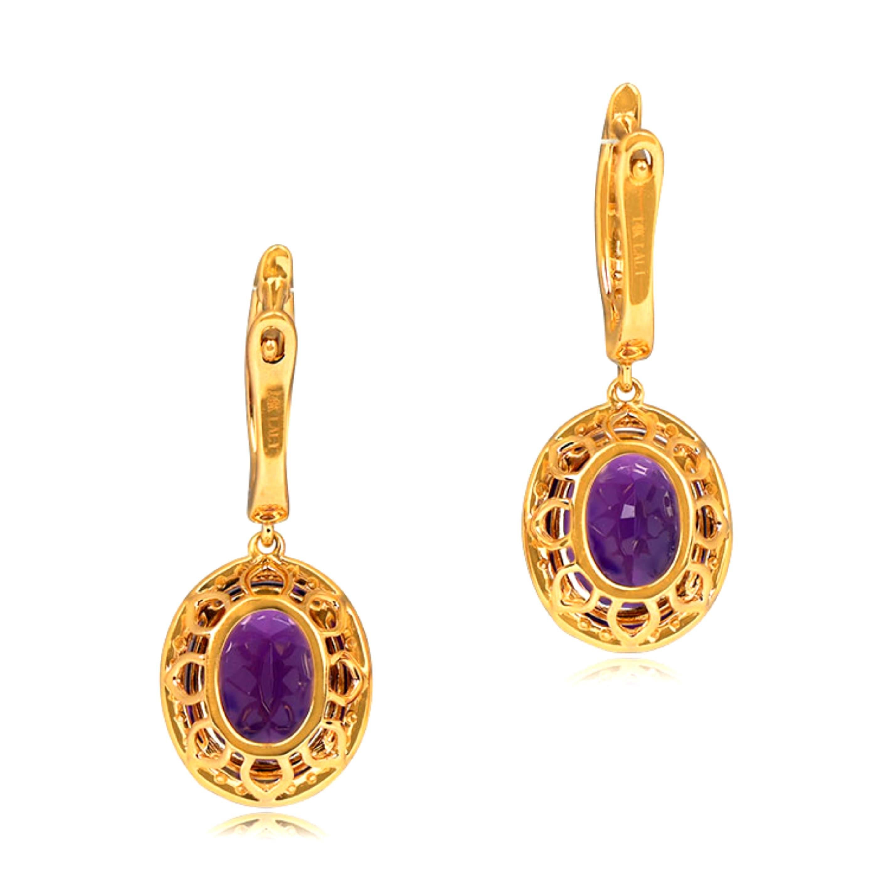 Oval Cut Amethyst Earrings, Diamond Halo, 14k Yellow Gold In Excellent Condition For Sale In New York, NY