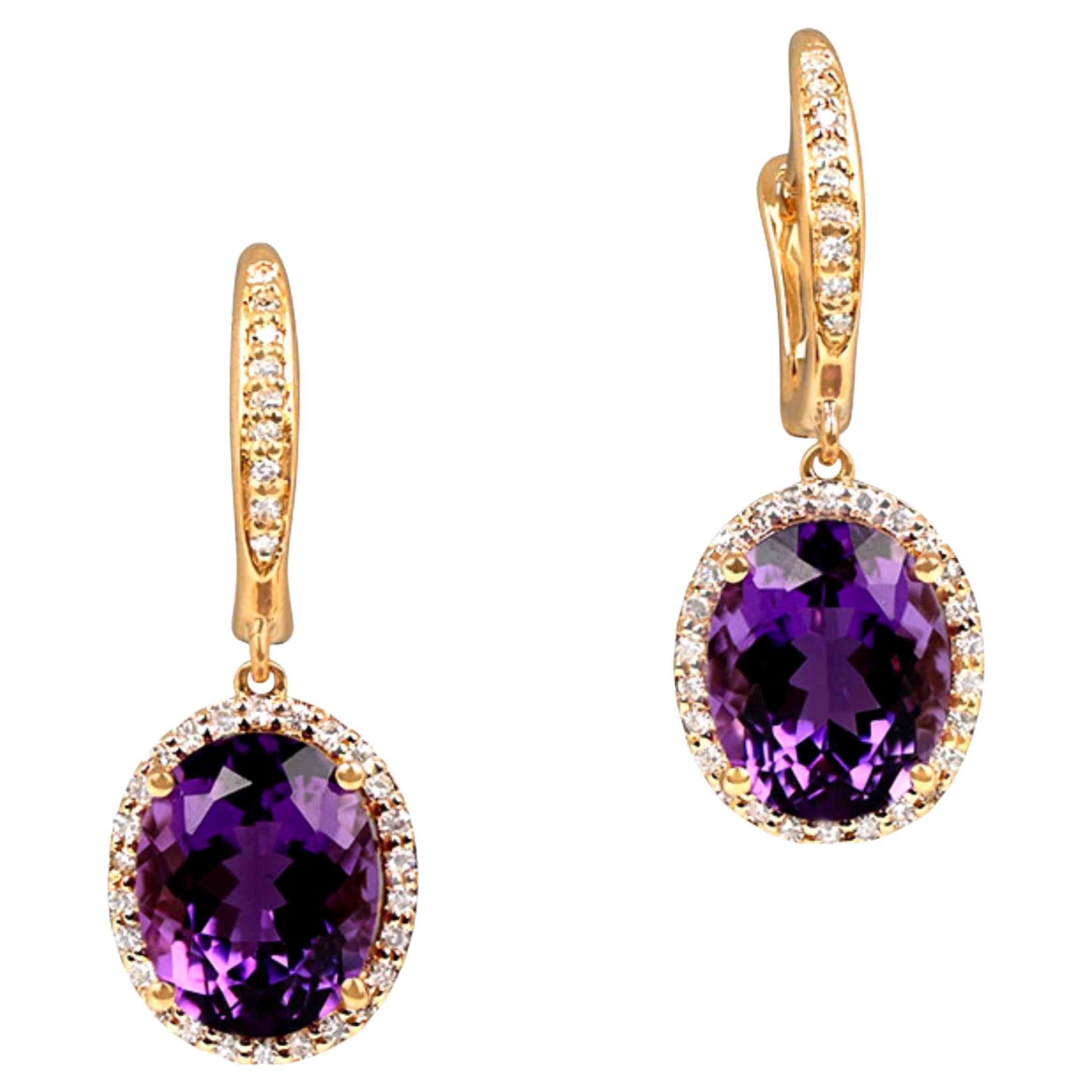 Oval Cut Amethyst Earrings, Diamond Halo, 14k Yellow Gold For Sale