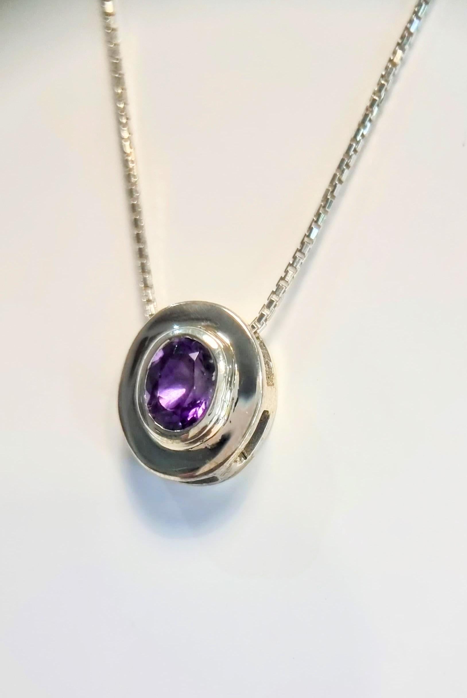 Women's or Men's Oval-Cut Amethyst Pendant Necklace in Sterling Silver For Sale