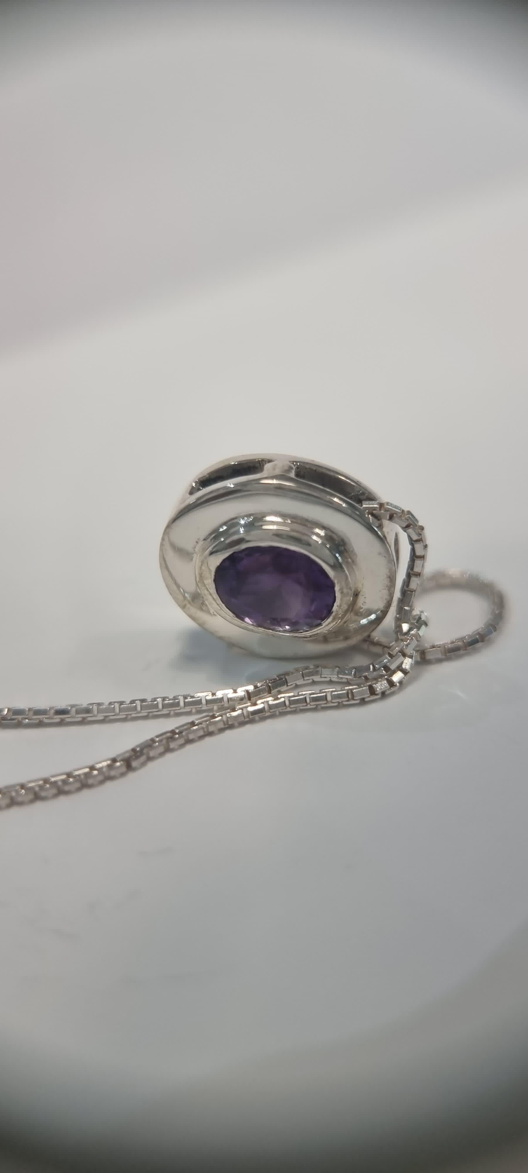 Oval-Cut Amethyst Pendant Necklace in Sterling Silver For Sale 1