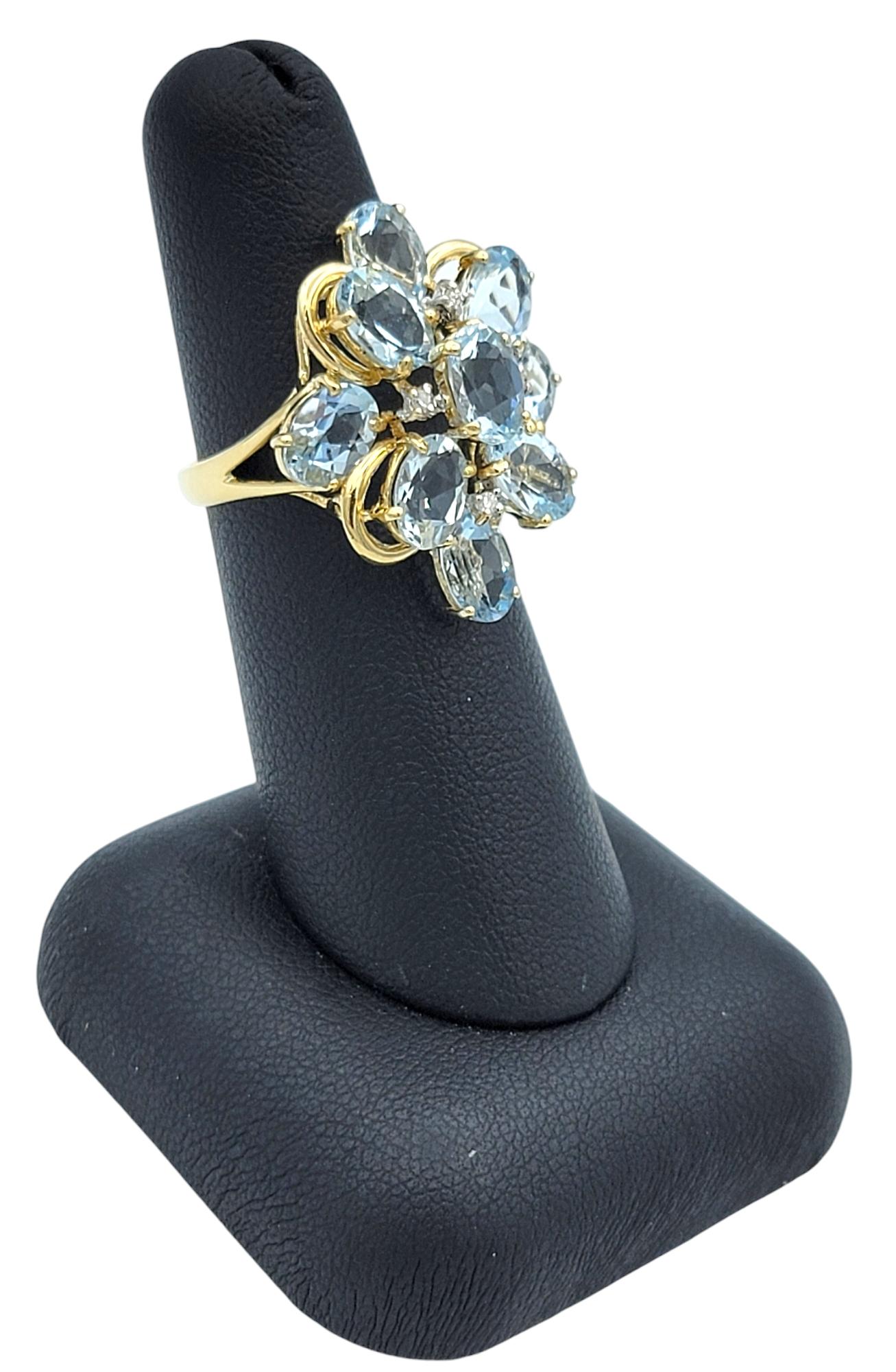 Oval Cut Aquamarine and Diamond Cluster Cocktail Ring in 14 Karat Yellow Gold For Sale 5