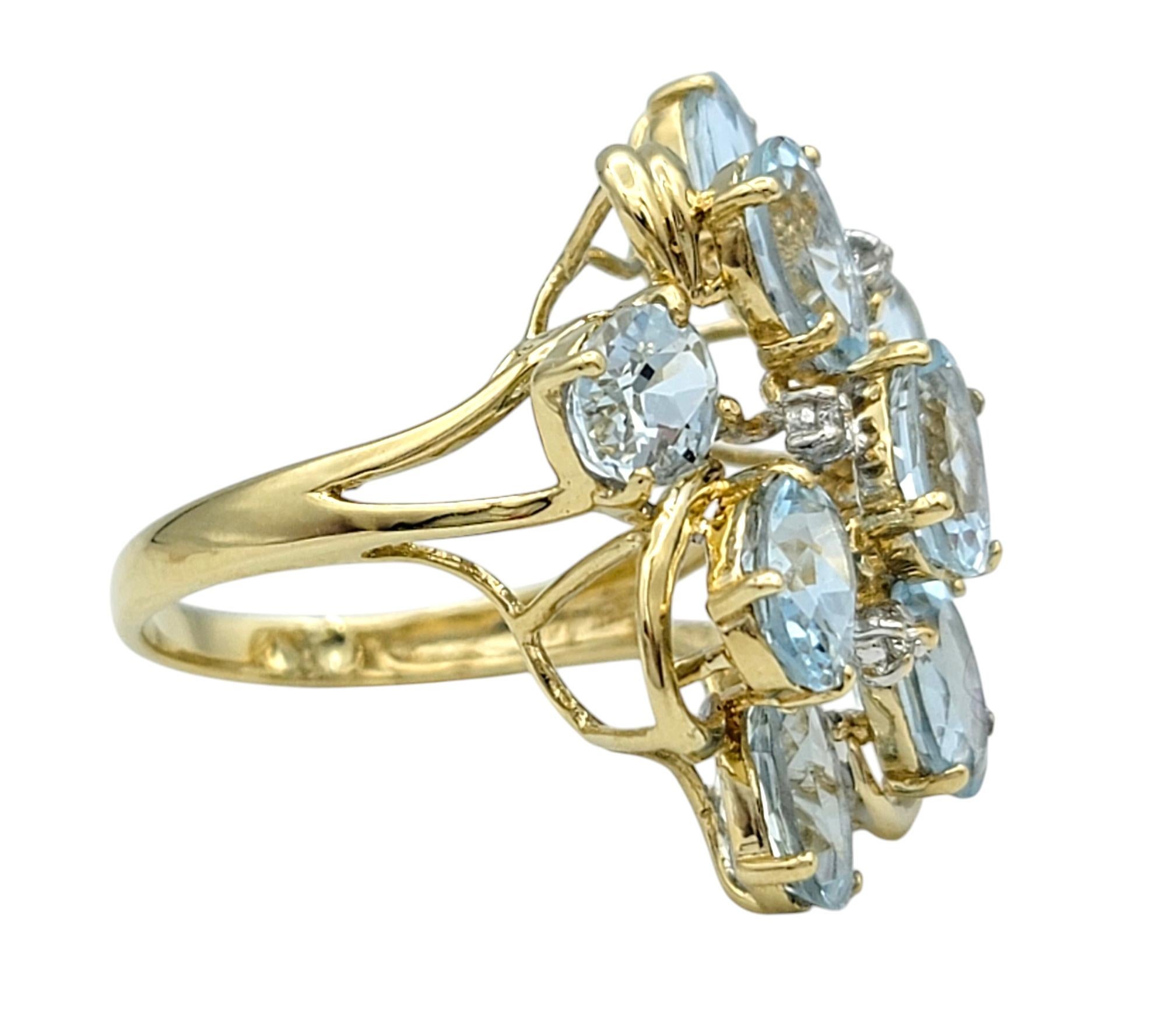 Oval Cut Aquamarine and Diamond Cluster Cocktail Ring in 14 Karat Yellow Gold In Good Condition For Sale In Scottsdale, AZ