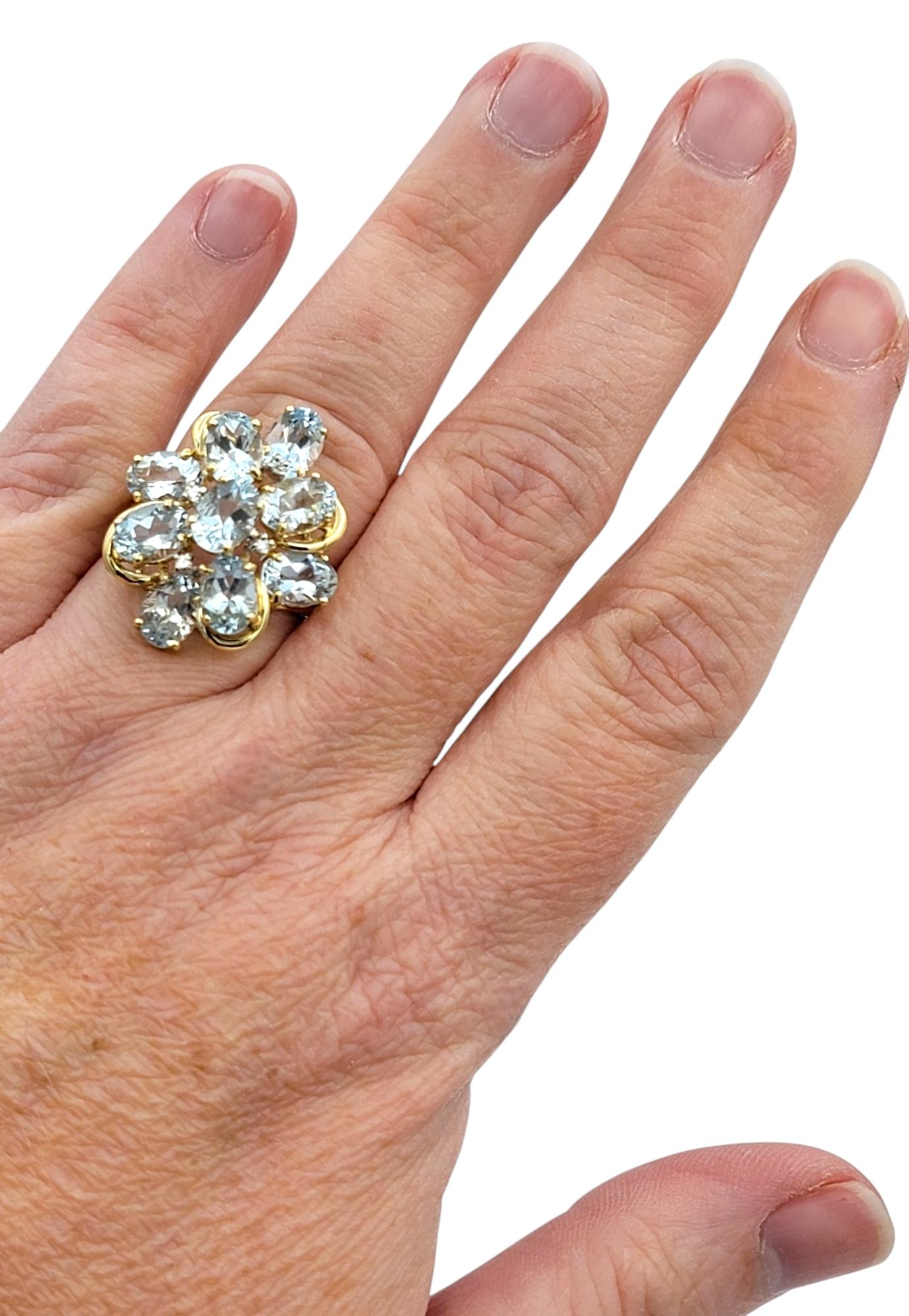 Oval Cut Aquamarine and Diamond Cluster Cocktail Ring in 14 Karat Yellow Gold For Sale 2