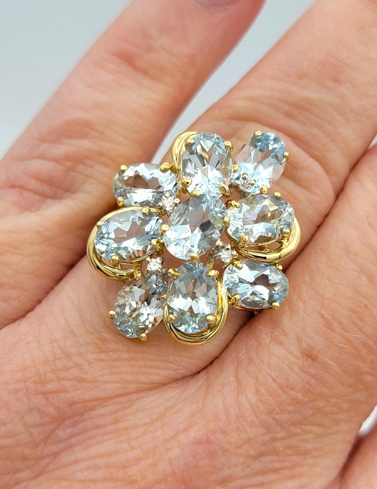 Oval Cut Aquamarine and Diamond Cluster Cocktail Ring in 14 Karat Yellow Gold For Sale 3