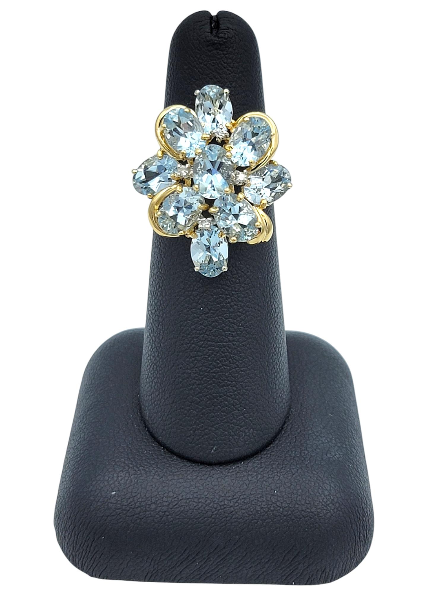 Oval Cut Aquamarine and Diamond Cluster Cocktail Ring in 14 Karat Yellow Gold For Sale 4