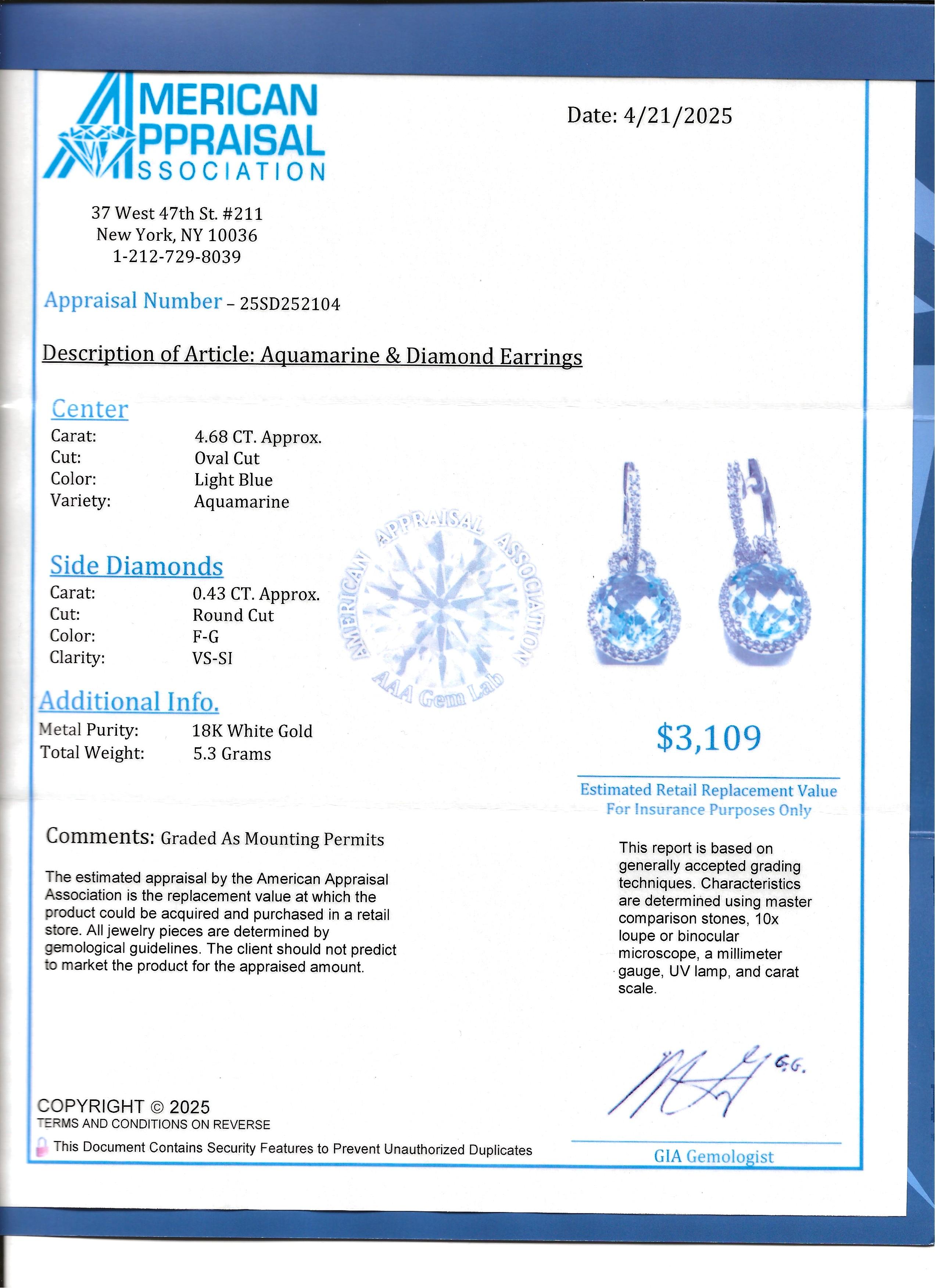 Oval Cut Aquamarine and Pavé Diamond Halo Dangle Earrings in 18 Karat White Gold For Sale 5