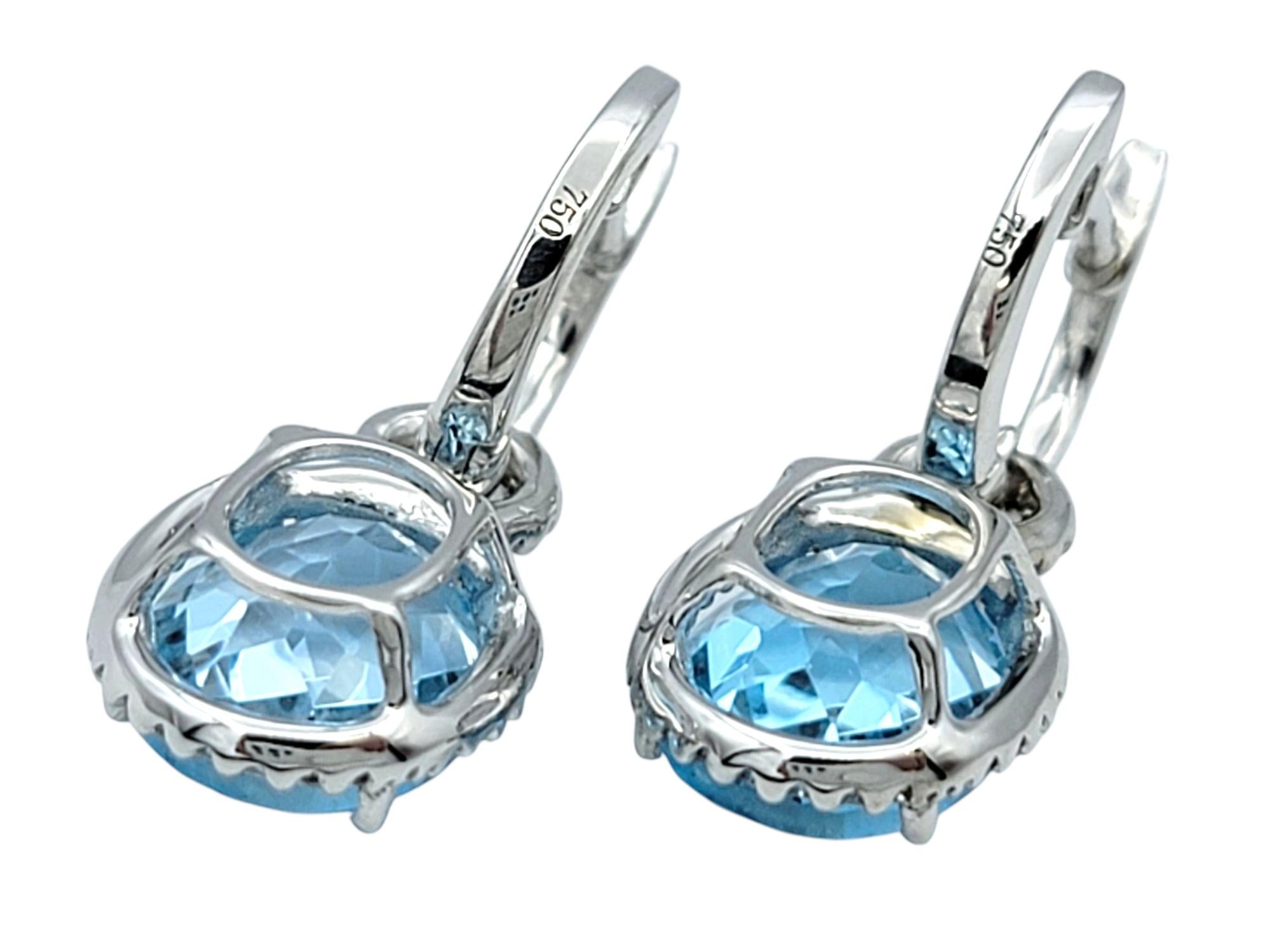 Oval Cut Aquamarine and Pavé Diamond Halo Dangle Earrings in 18 Karat White Gold For Sale 1