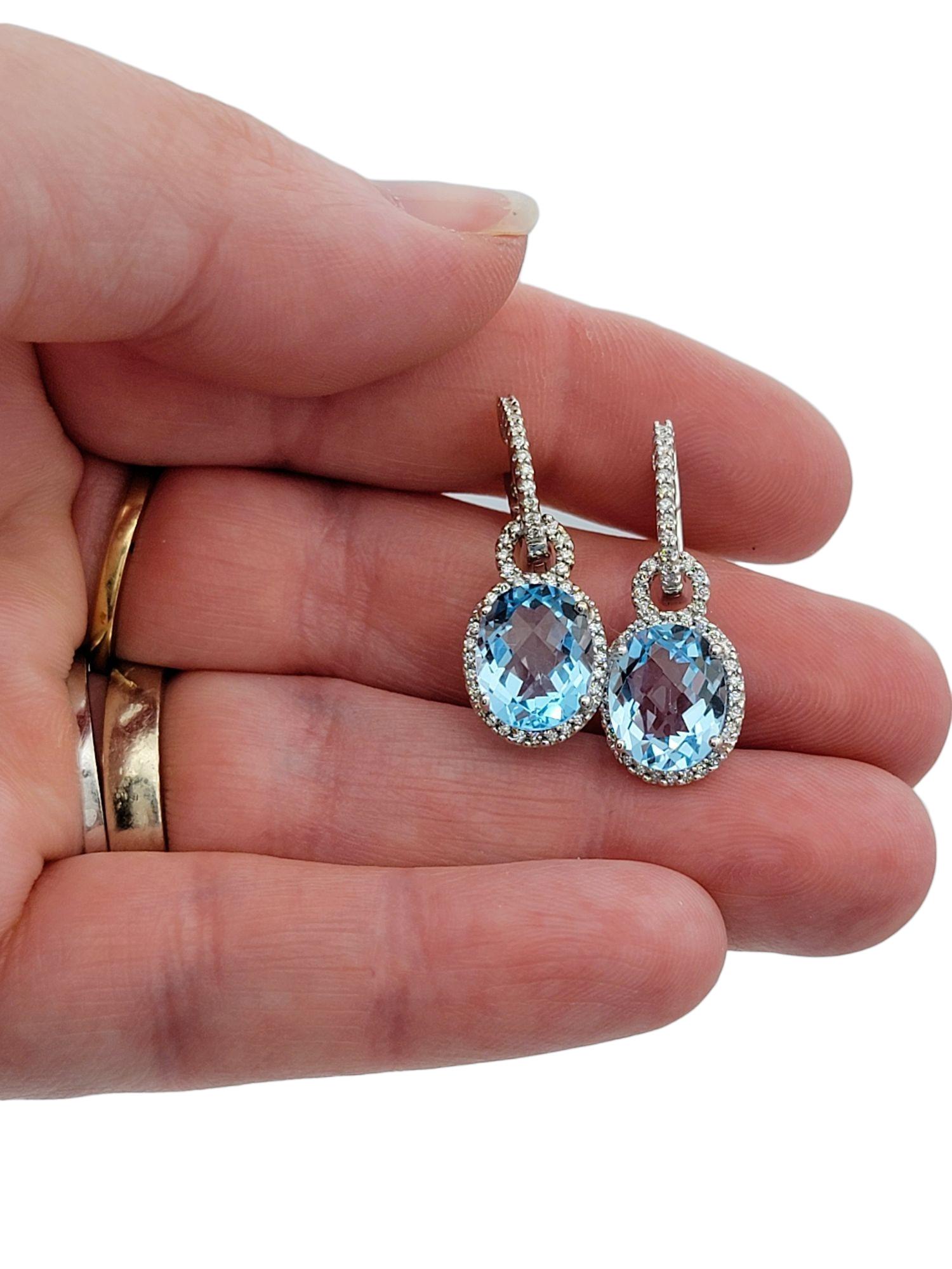 Oval Cut Aquamarine and Pavé Diamond Halo Dangle Earrings in 18 Karat White Gold For Sale 2