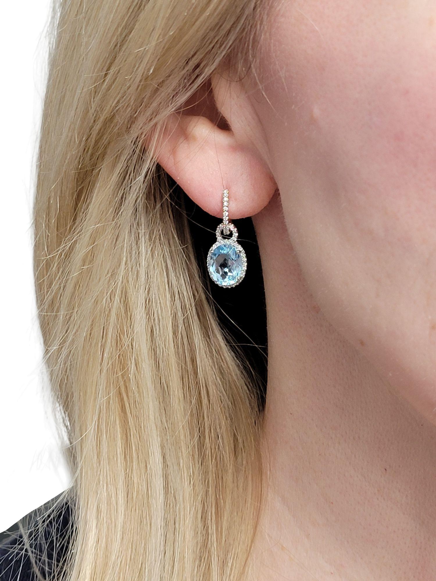Oval Cut Aquamarine and Pavé Diamond Halo Dangle Earrings in 18 Karat White Gold For Sale 3