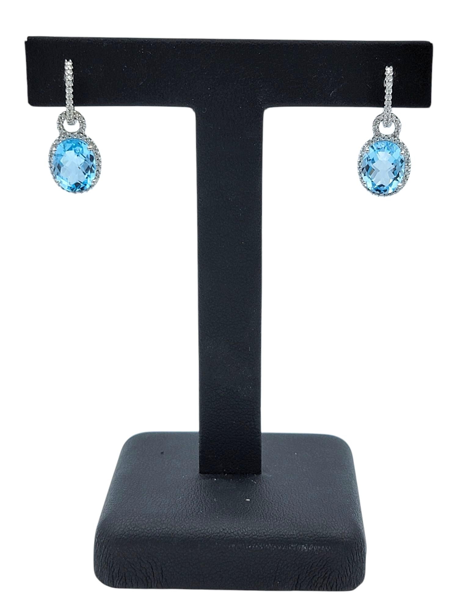 Oval Cut Aquamarine and Pavé Diamond Halo Dangle Earrings in 18 Karat White Gold For Sale 4