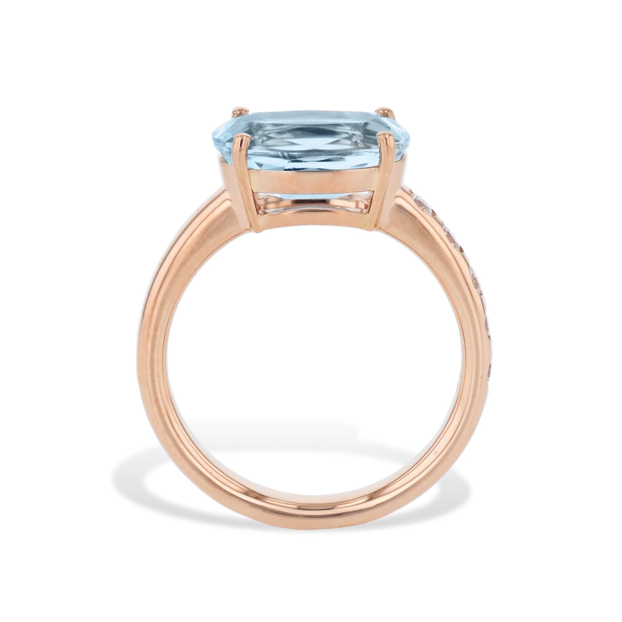 Celebrate your unique style with this handmade Oval cut Aquamarine Diamond Rose Gold Ring from the HH Collection! This stunning statement piece features an Oval cut Aquamarine, set east/west on a four-prong basket, and five diamond burnishes set on