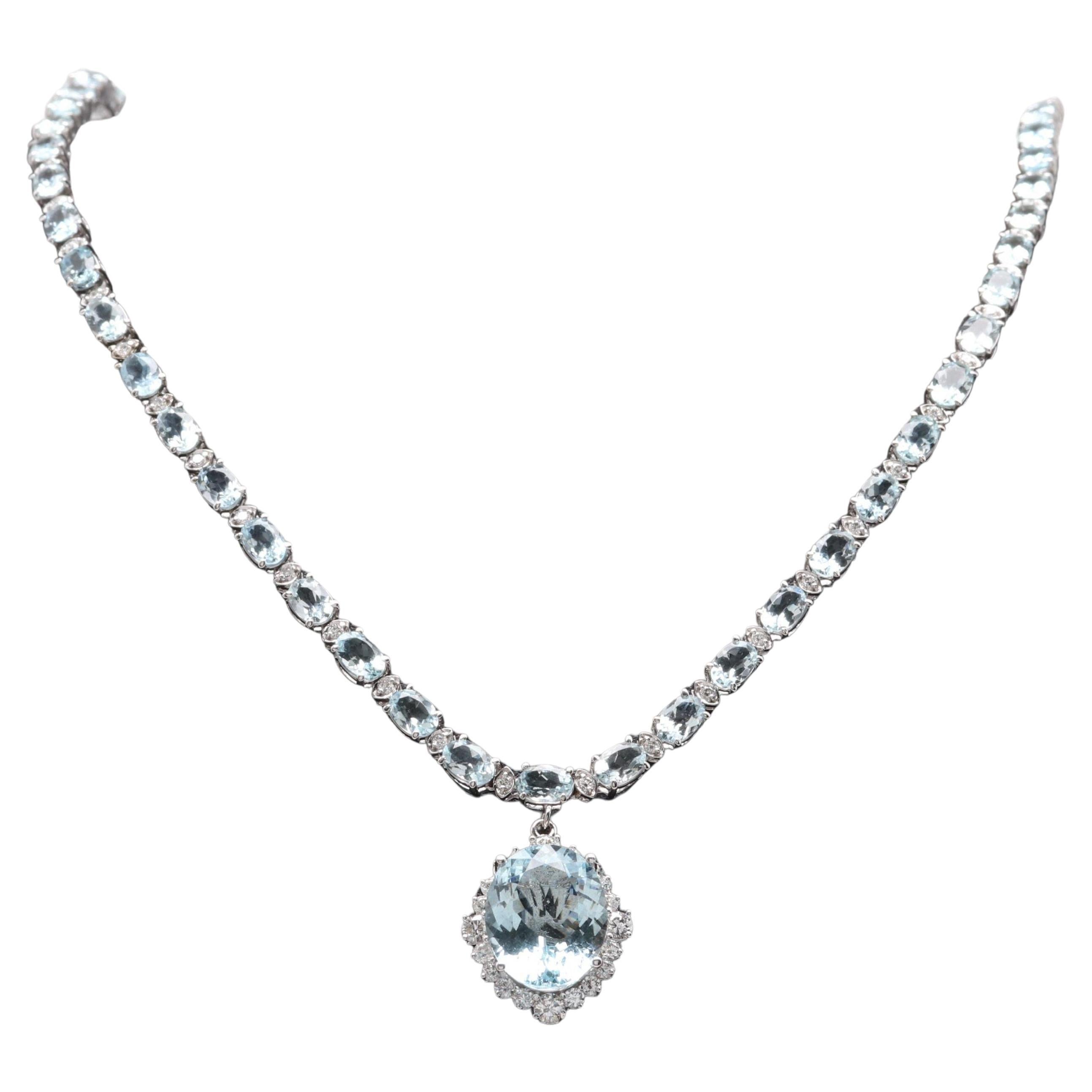 Oval Cut Aquamarine Necklace, Natural Aquamarine Diamond Pendant Necklace