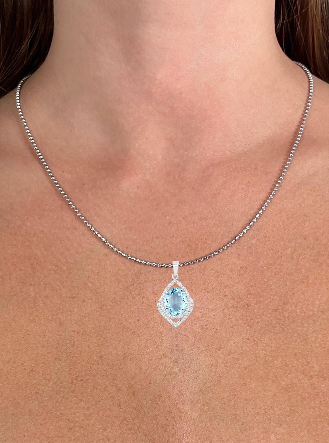 Oval Cut Aquamarine Pendant Necklace Diamond Setting 3.86 Carats 14K White Gold In Excellent Condition For Sale In Laguna Niguel, CA