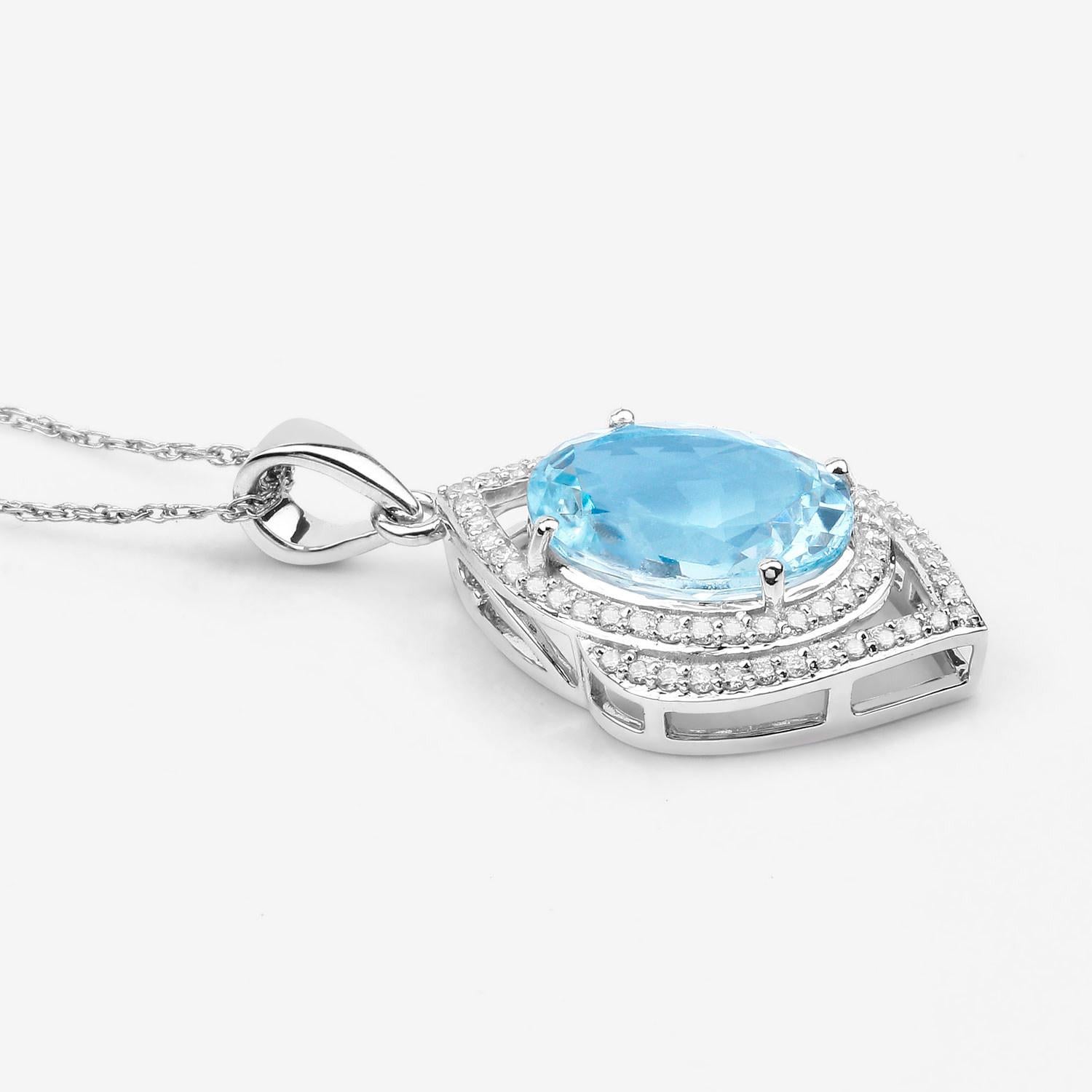 Contemporary Oval Cut Aquamarine Pendant Necklace Diamond Setting 3.86 Carats 14K White Gold For Sale