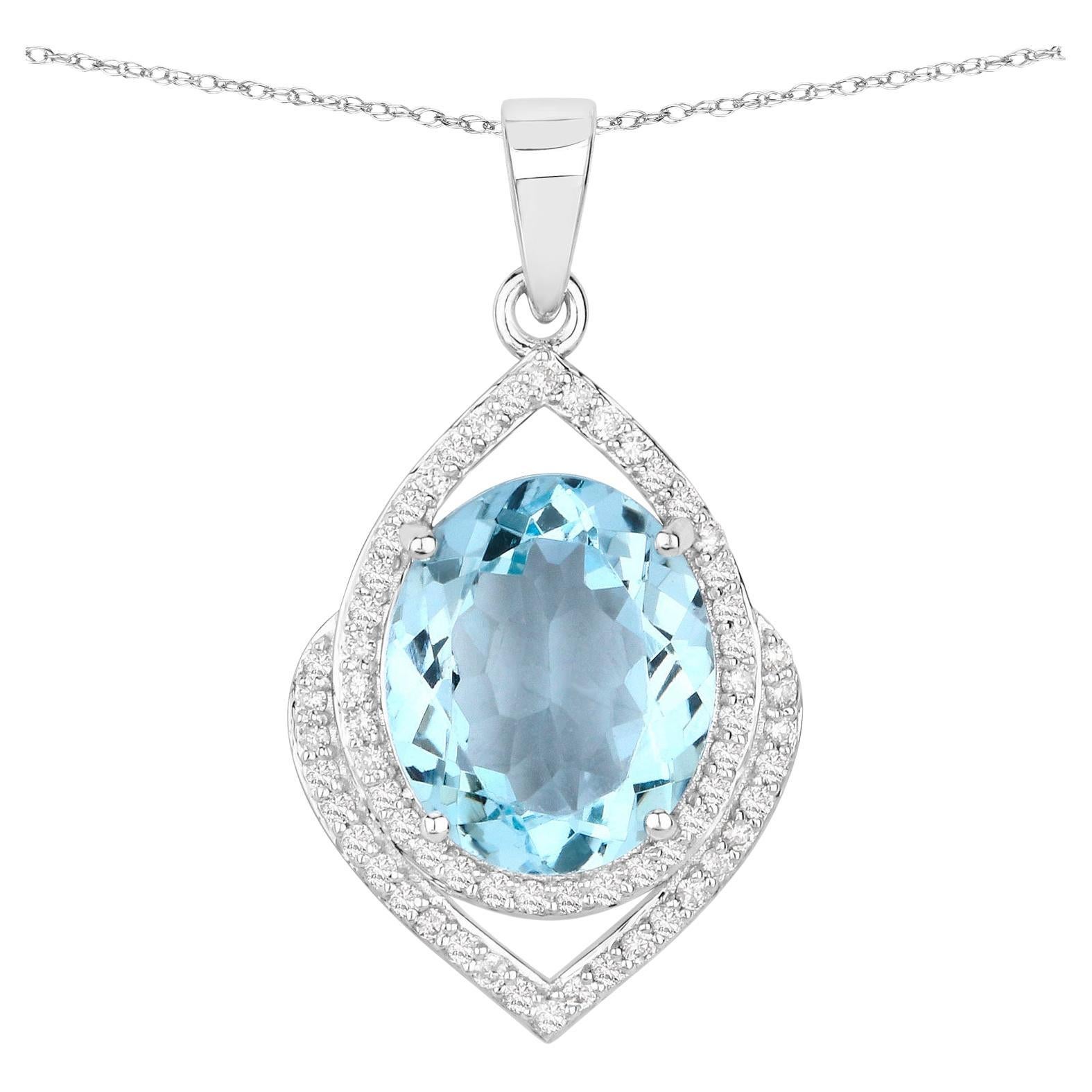 Oval Cut Aquamarine Pendant Necklace Diamond Setting 3.86 Carats 14K White Gold For Sale