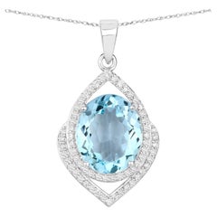 Oval Cut Aquamarine Pendant Necklace Diamond Setting 3.86 Carats 14K White Gold