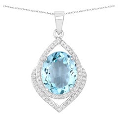 Oval Cut Aquamarine Pendant Necklace Diamond Setting 3.86 Carats 14K White Gold