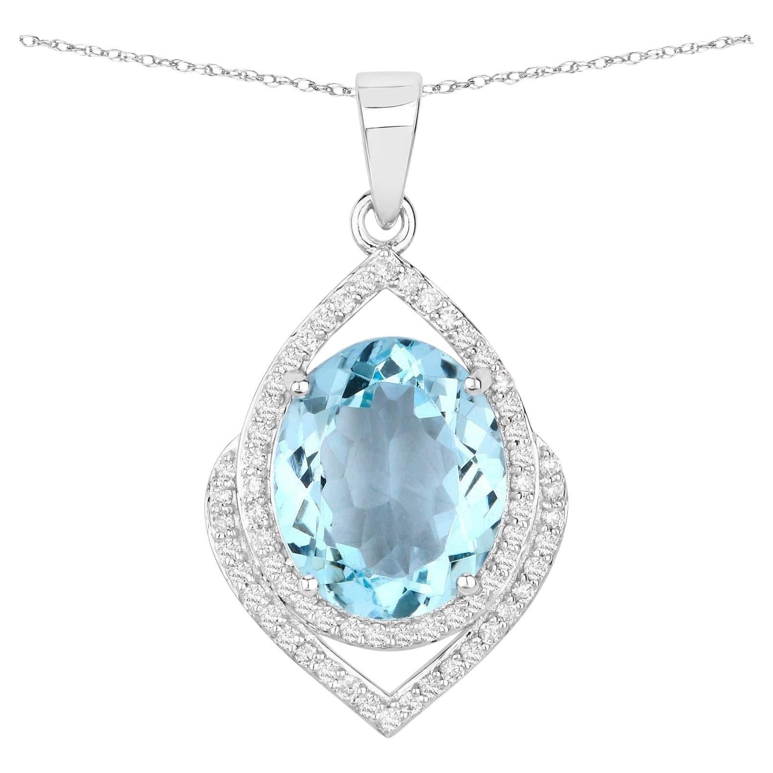 Oval Cut Aquamarine Pendant Necklace Diamond Setting 3.86 Carats 14K White Gold For Sale