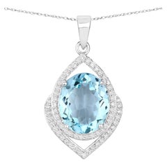 Oval Cut Aquamarine Pendant Necklace Diamond Setting 3.86 Carats 14K White Gold