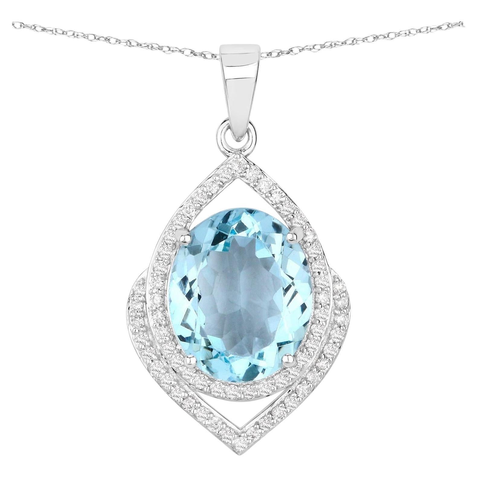 Ovalschliff Aquamarin-Anhänger Halskette Diamantfassung 3,86 Karat 14K Weißgold