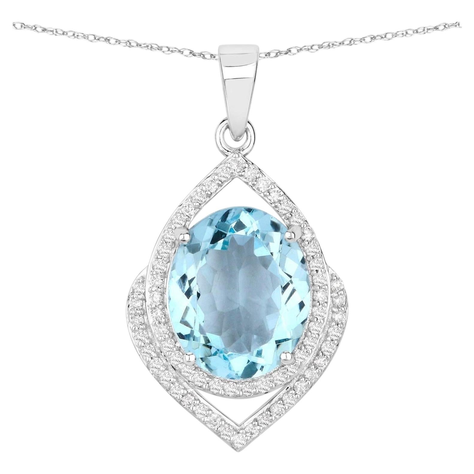 Collier pendentif aigue-marine de taille ovale serti de 3,86 carats en or blanc 14 carats