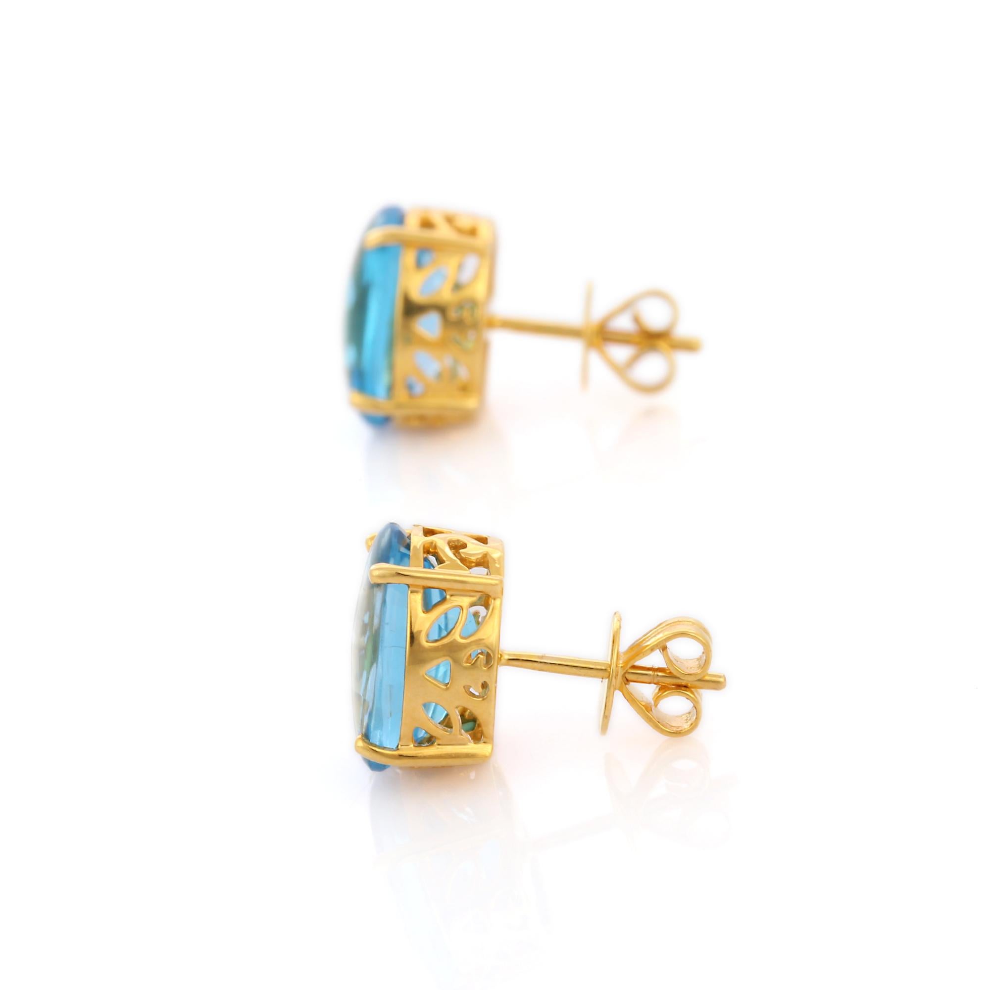 Studs create a subtle beauty while showcasing the colors of the natural precious gemstones and illuminating diamonds making a statement.

Oval cut blue topaz studs in 18K gold. Embrace your look with these stunning pair of earrings suitable for any
