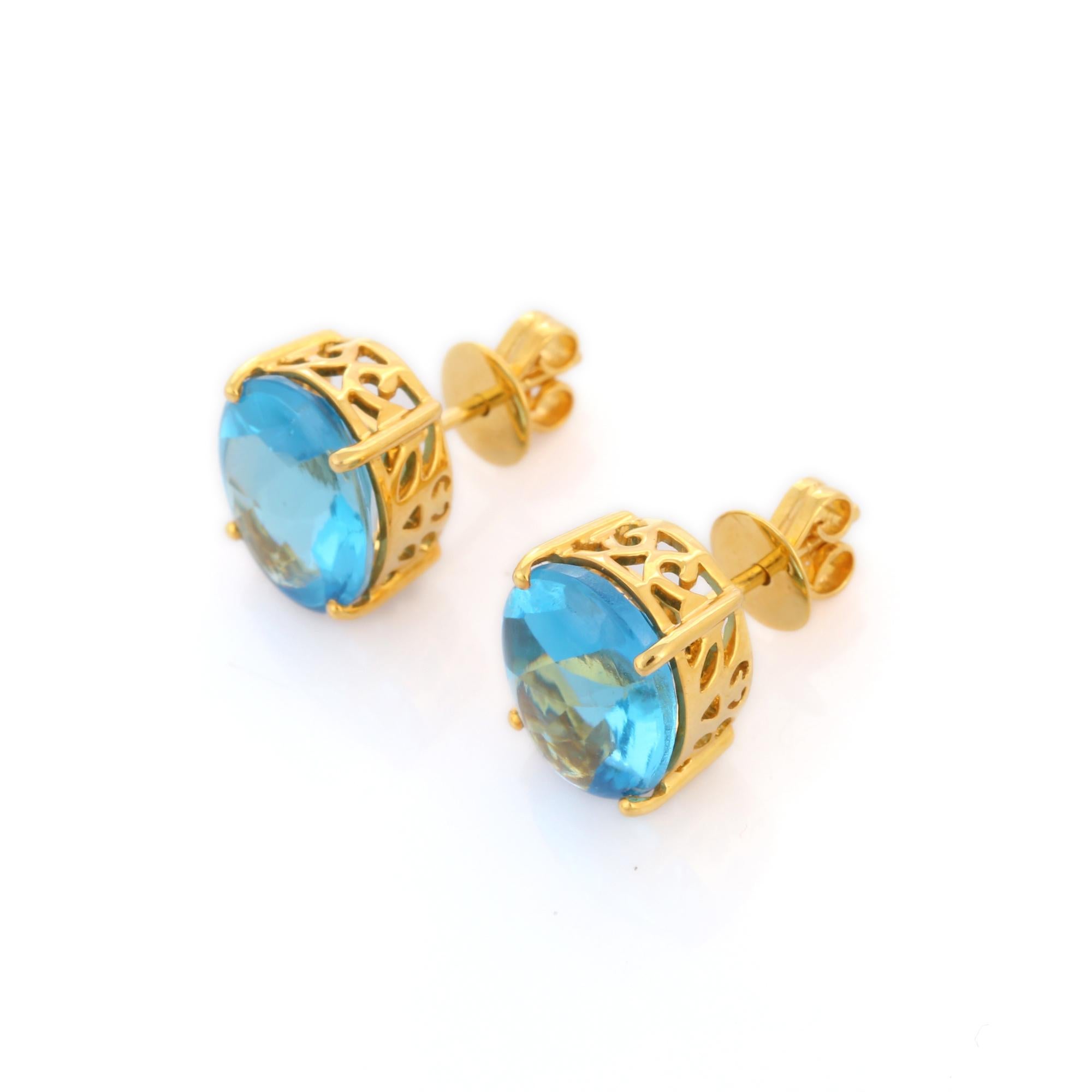 Modern Oval Cut Art Deco Style 10.10 Ct Blue Topaz Stud Earrings in 18K Yellow Gold For Sale