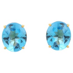 Oval Cut Art Deco Style 10.10 Ct Blue Topaz Stud Earrings in 18K Yellow Gold