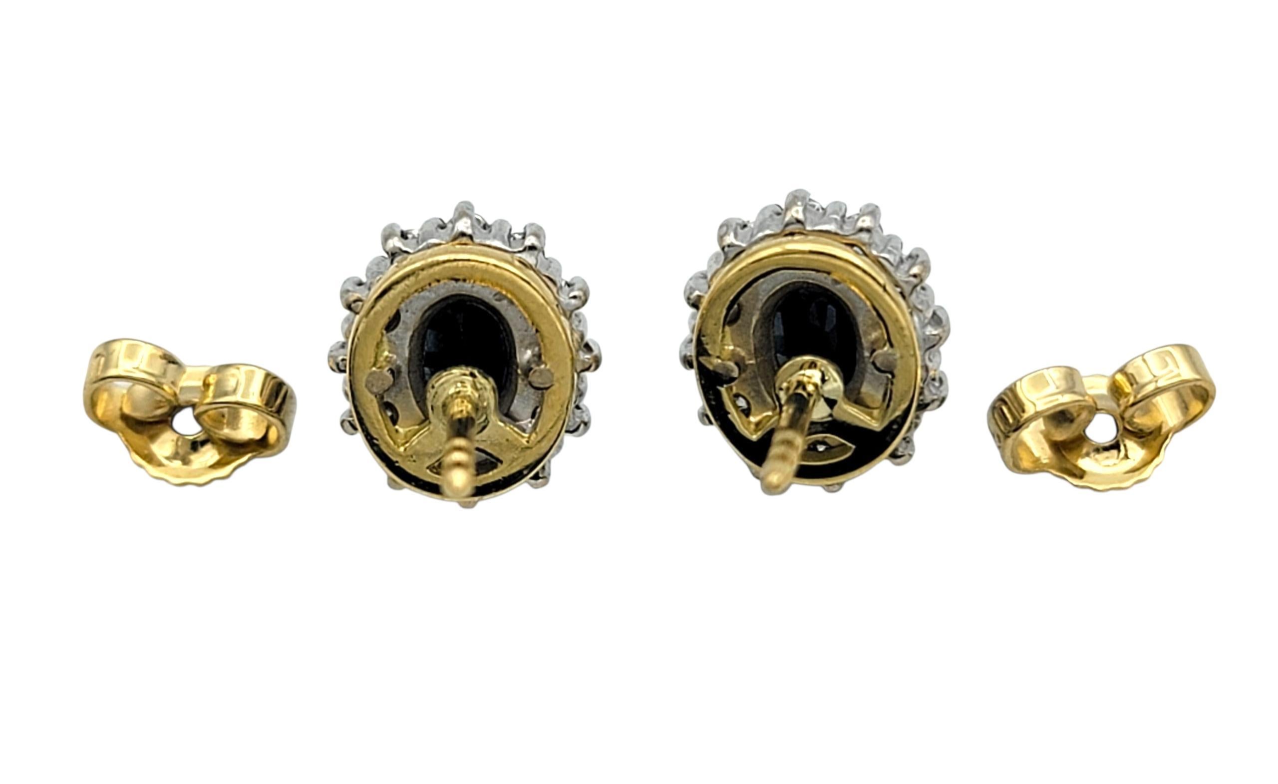 Halo-Ohrstecker mit schwarzem Saphir und Diamant im Ovalschliff aus zweifarbigem 18 Karat Gold für Damen oder Herren im Angebot