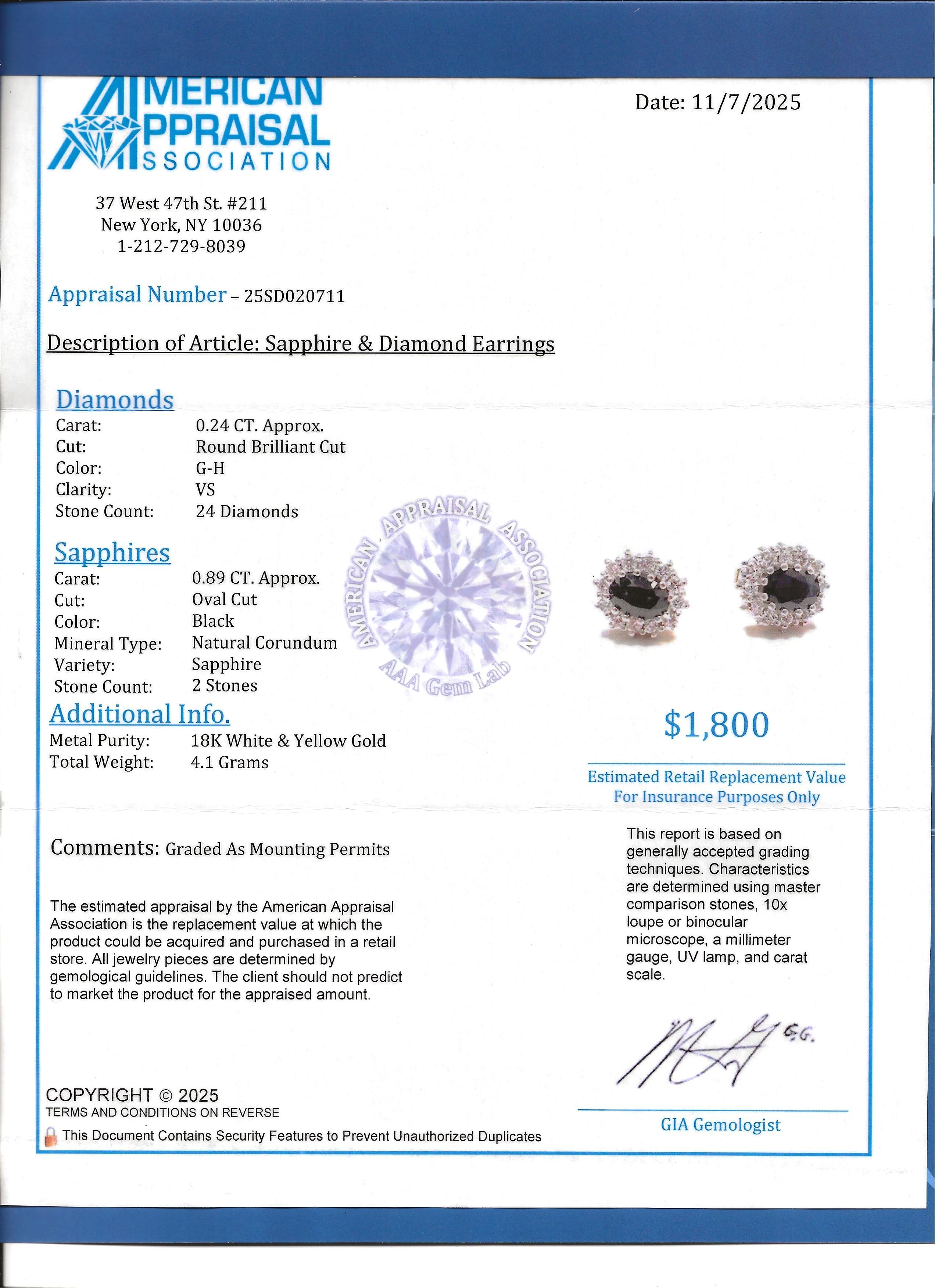 Halo-Ohrstecker mit schwarzem Saphir und Diamant im Ovalschliff aus zweifarbigem 18 Karat Gold im Angebot 4