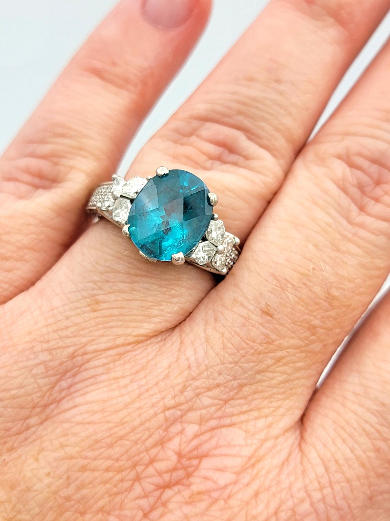 Oval Cut Blue Apatite Ornate Cocktail Ring with Diamonds in 18 Karat White Gold For Sale 5