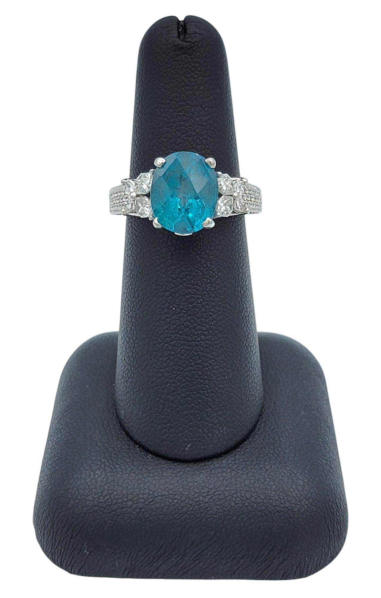 Oval Cut Blue Apatite Ornate Cocktail Ring with Diamonds in 18 Karat White Gold For Sale 6