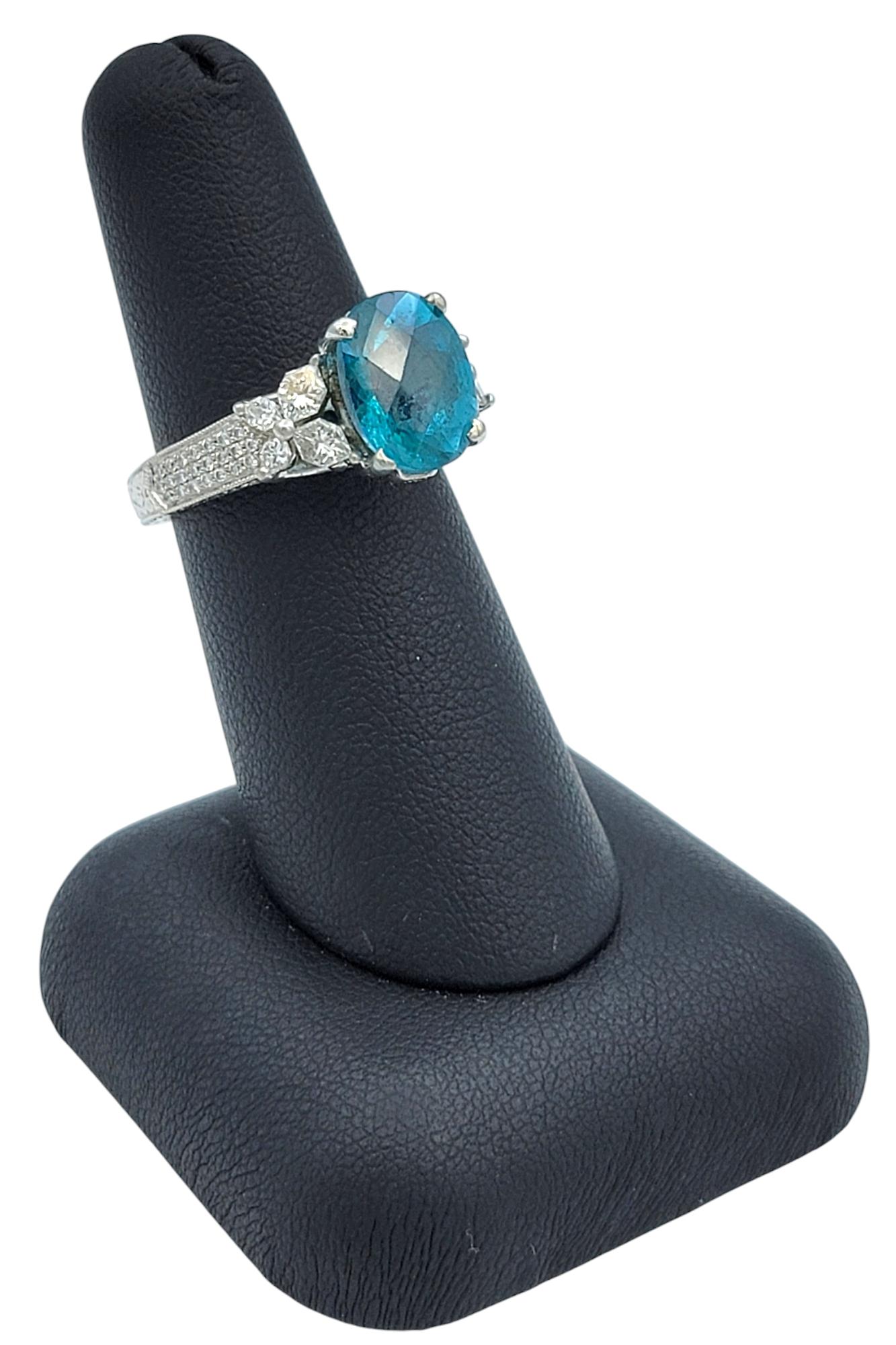 Oval Cut Blue Apatite Ornate Cocktail Ring with Diamonds in 18 Karat White Gold For Sale 7