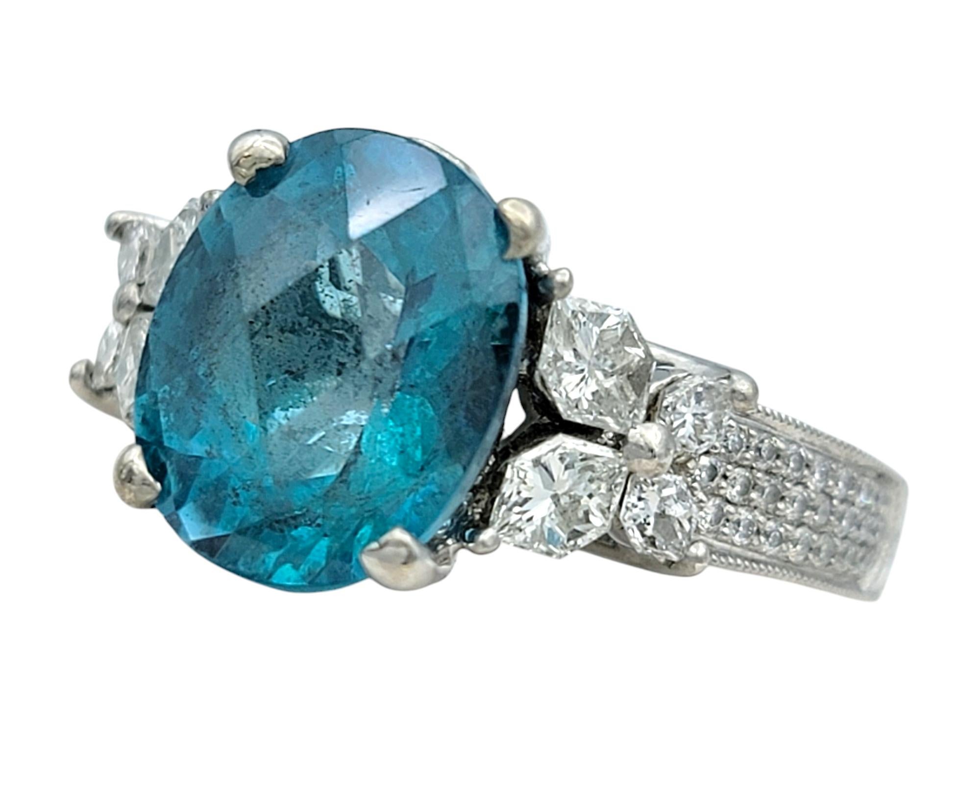 Contemporary Oval Cut Blue Apatite Ornate Cocktail Ring with Diamonds in 18 Karat White Gold For Sale
