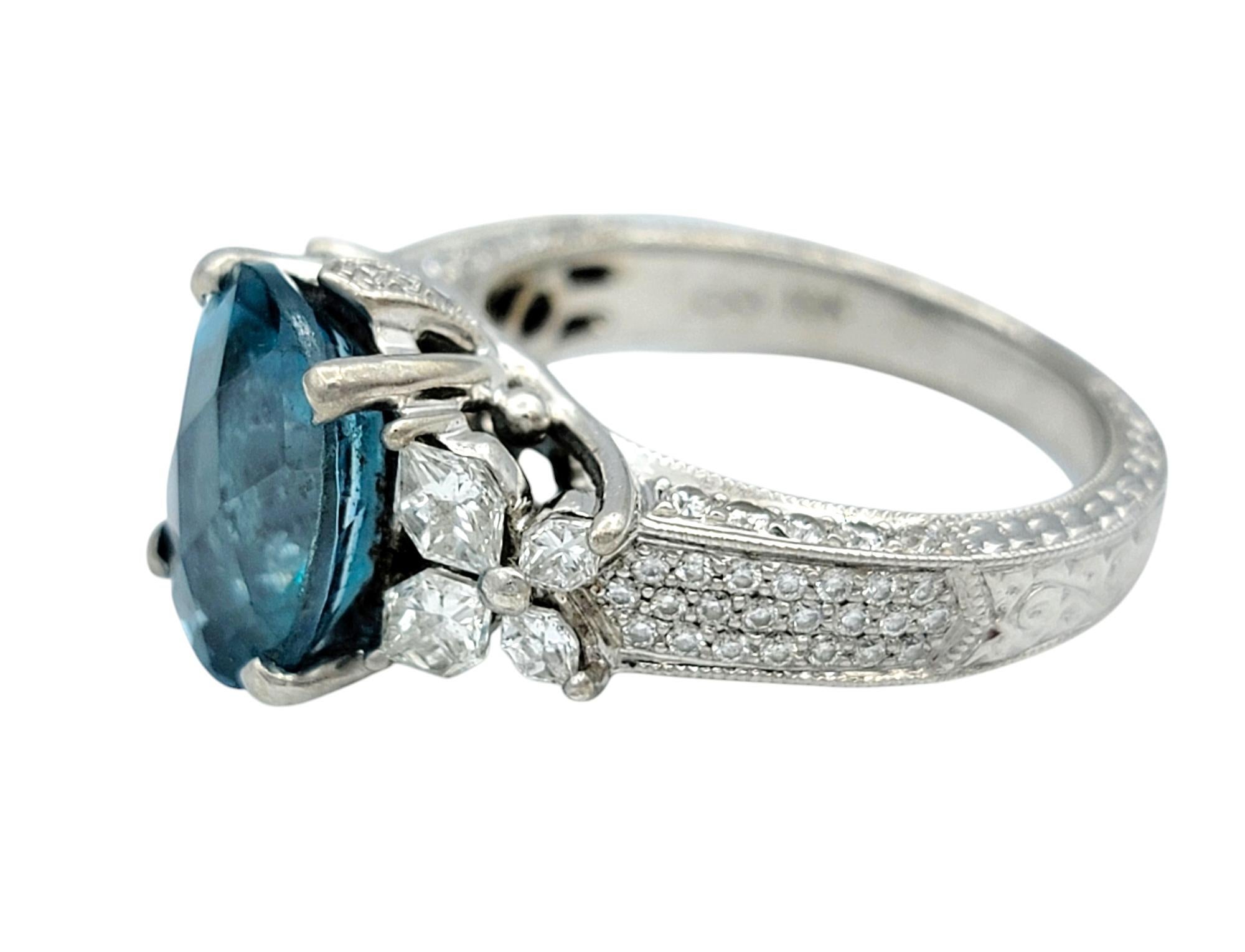 Oval Cut Blue Apatite Ornate Cocktail Ring with Diamonds in 18 Karat White Gold In Good Condition For Sale In Scottsdale, AZ