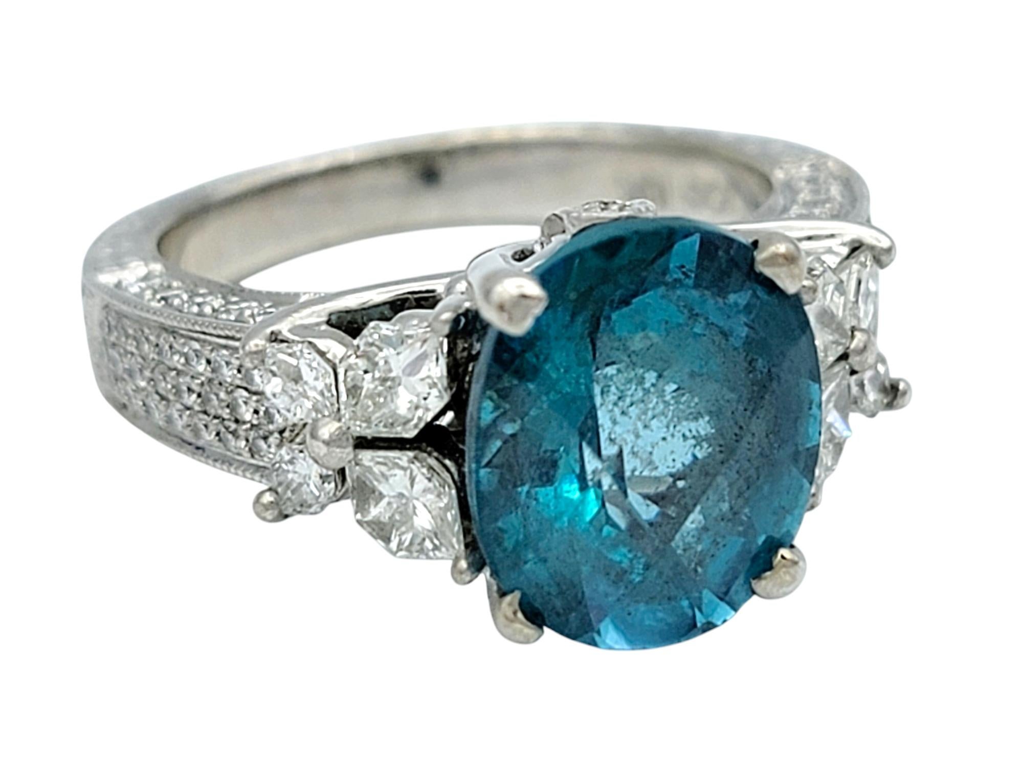 Women's Oval Cut Blue Apatite Ornate Cocktail Ring with Diamonds in 18 Karat White Gold For Sale
