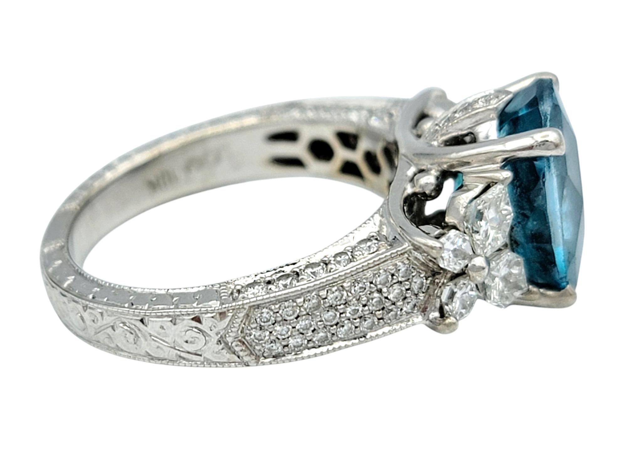 Oval Cut Blue Apatite Ornate Cocktail Ring with Diamonds in 18 Karat White Gold For Sale 1
