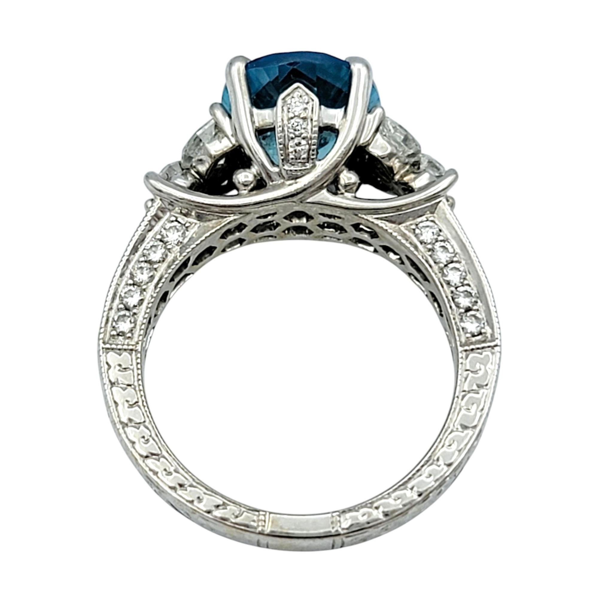 Oval Cut Blue Apatite Ornate Cocktail Ring with Diamonds in 18 Karat White Gold For Sale 2
