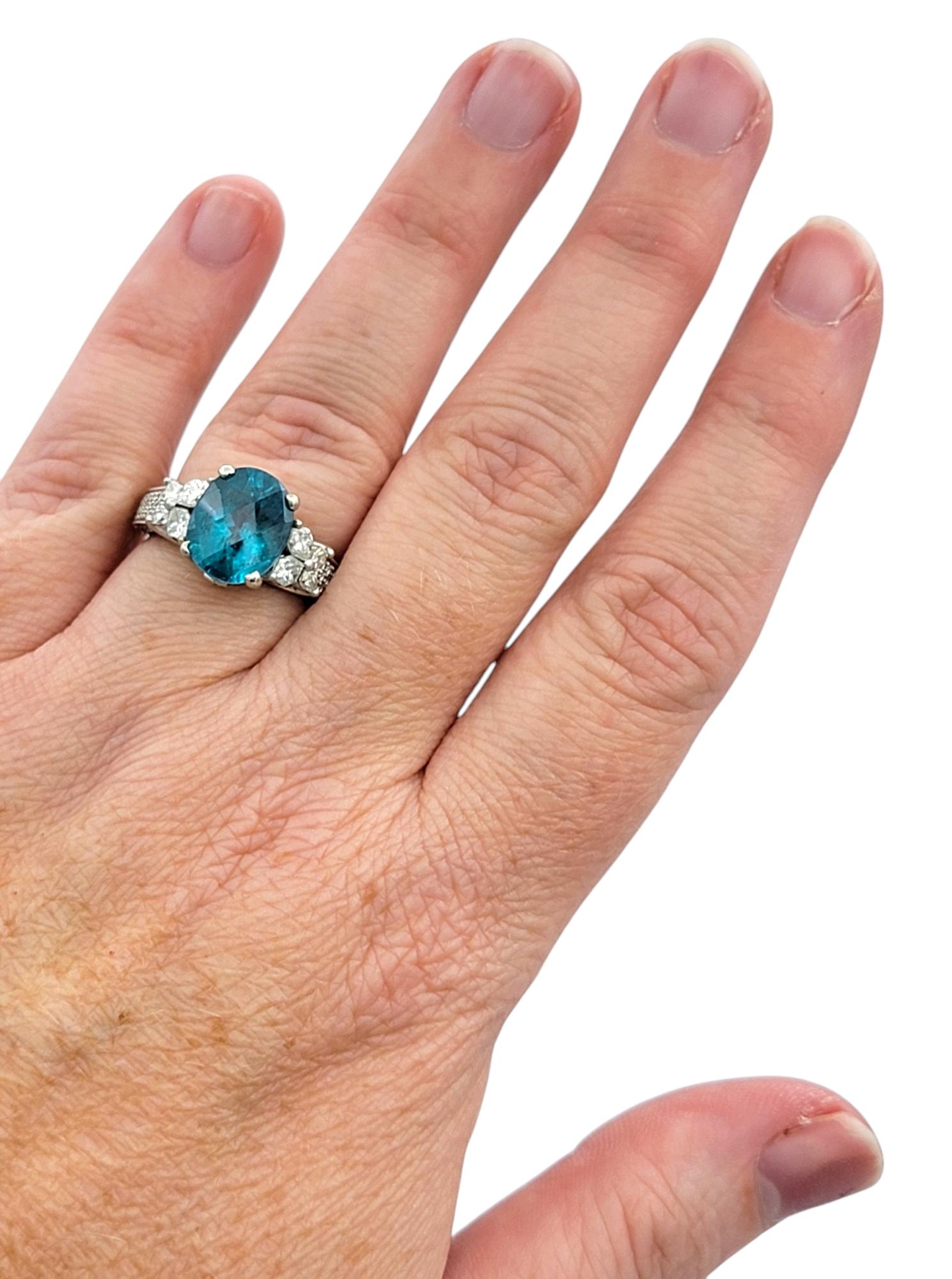 Oval Cut Blue Apatite Ornate Cocktail Ring with Diamonds in 18 Karat White Gold For Sale 4