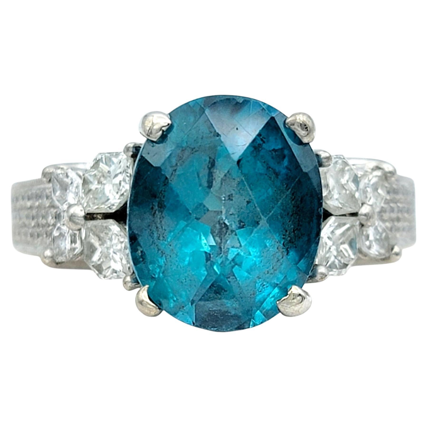 Oval Cut Blue Apatite Ornate Cocktail Ring with Diamonds in 18 Karat White Gold For Sale