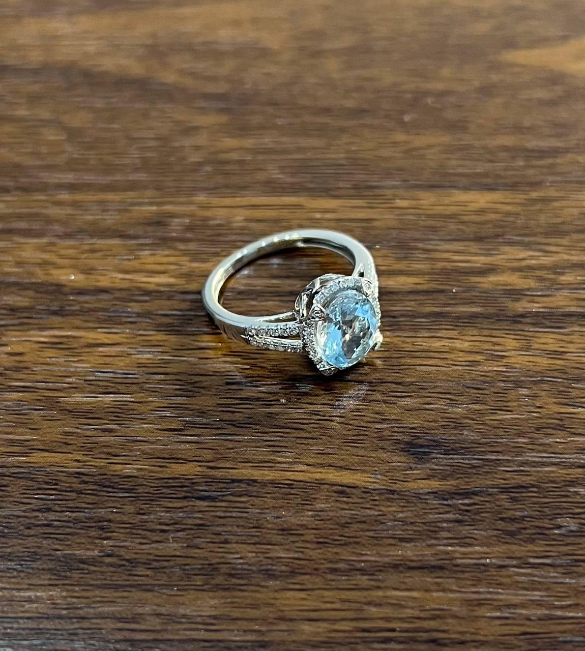 Oval Cut Blue Aquamarine Diamond Halo Pave 14K White Gold Statement Ring For Sale 1