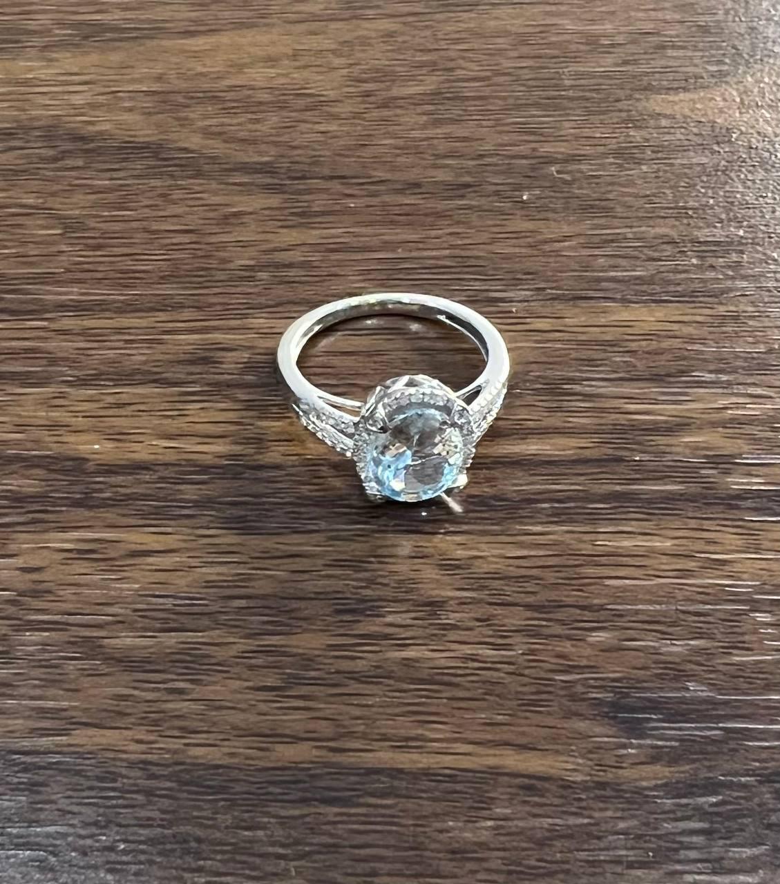 Oval Cut Blue Aquamarine Diamond Halo Pave 14K White Gold Statement Ring For Sale 2