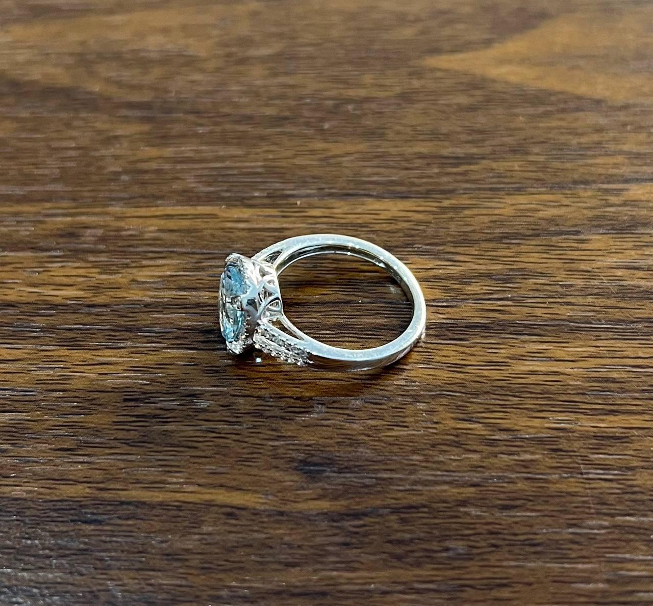 Oval Cut Blue Aquamarine Diamond Halo Pave 14K White Gold Statement Ring For Sale 3