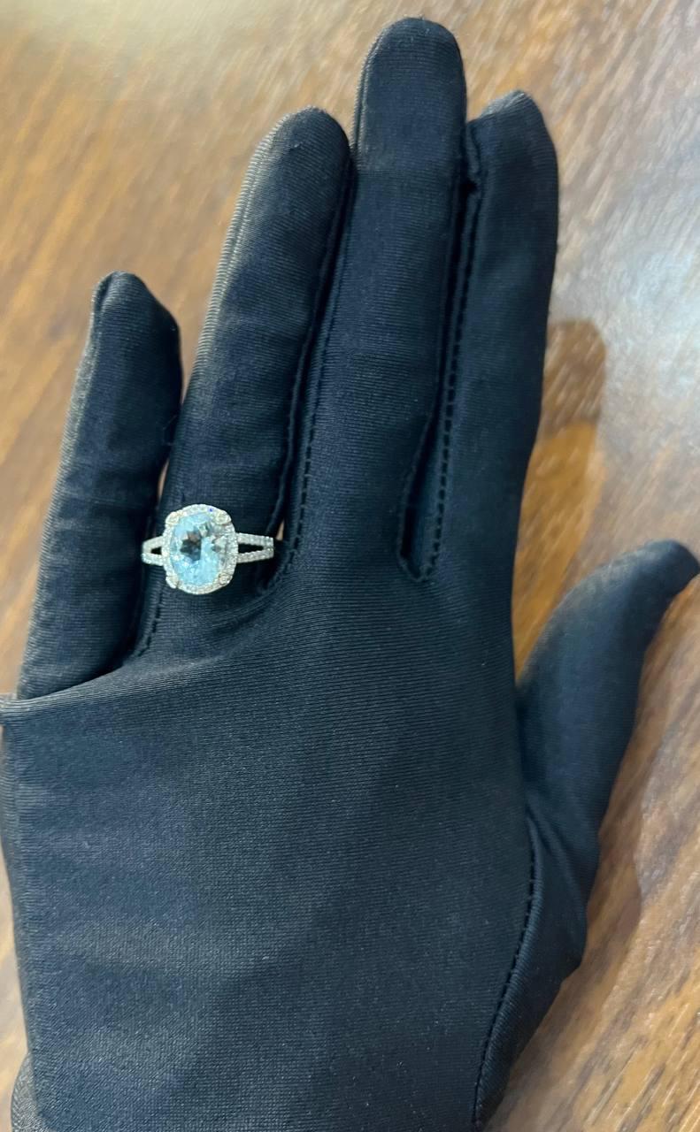 Oval Cut Blue Aquamarine Diamond Halo Pave 14K White Gold Statement Ring For Sale 5
