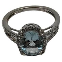 Oval Cut Blue Aquamarine Diamond Halo Pave 14K White Gold Statement Ring