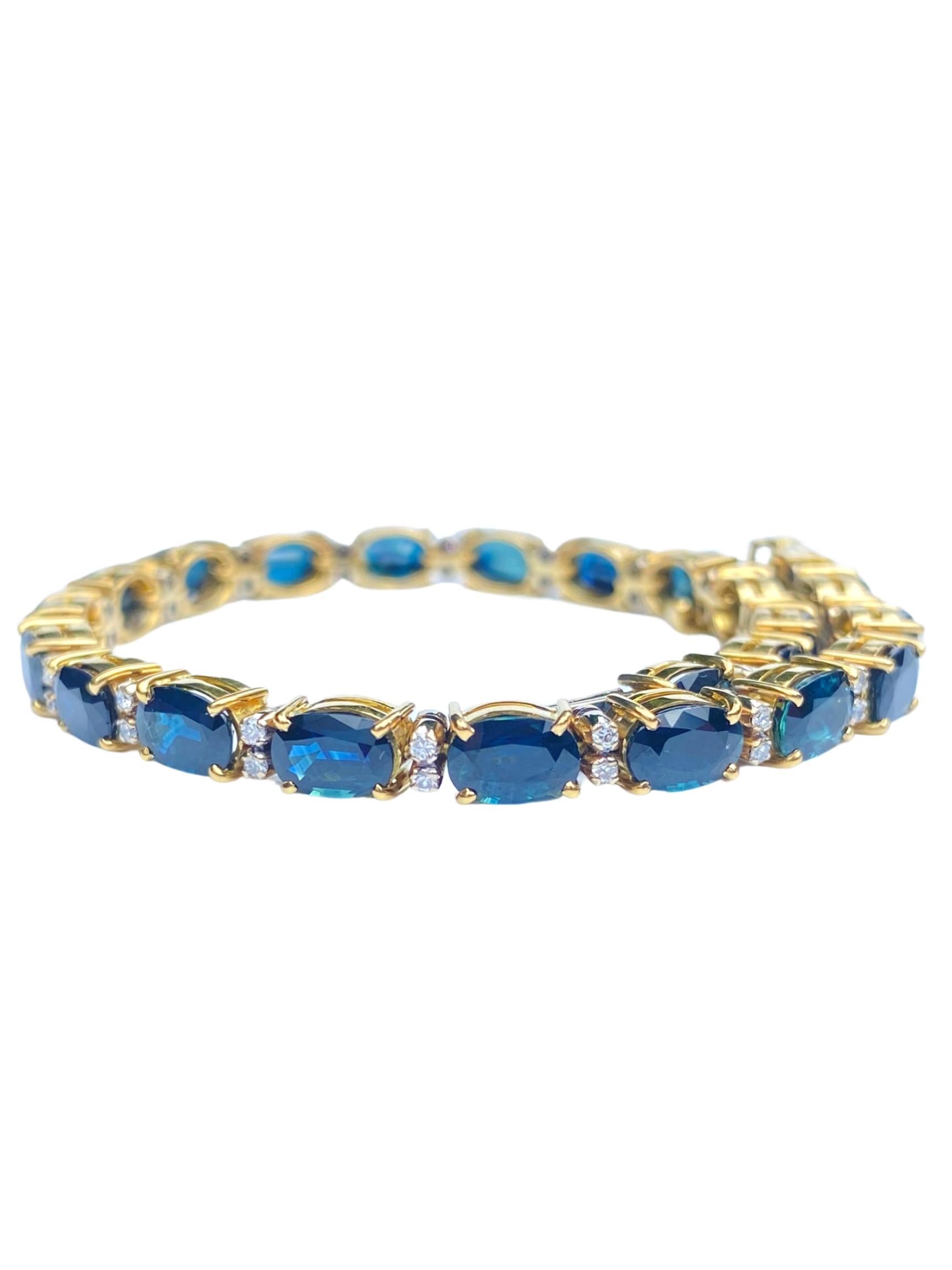 Lovely Vintage 18K Yellow Gold Bracelet adorned by 23 Oval-Cut Blue Sapphires and 46 Round-Brilliant Cut Diamonds and set in 14.3 grams of Yellow Gold. 

Details:
✔ Stone: Blue Sapphire
✔ Stone Cut: Oval
✔ Stone Quantity: 23 Sapphires, 46 Diamonds
✔