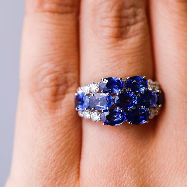 Oval Shape Blue Sapphire & White Diamond Pave Floral Flower 18K White Gold Ring