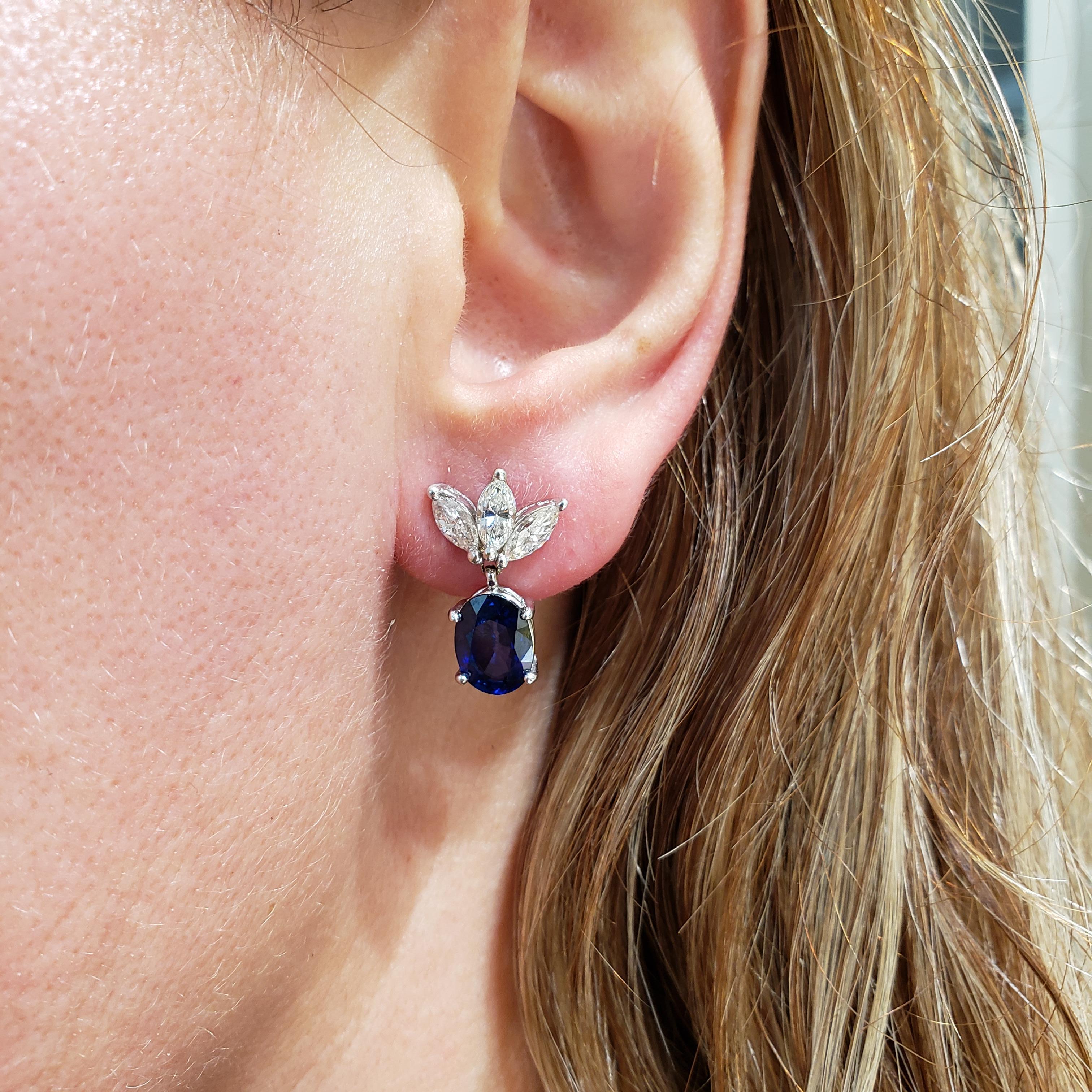 Contemporary Roman Malakov, Oval Cut Blue Sapphire and Diamond Drop Earrings