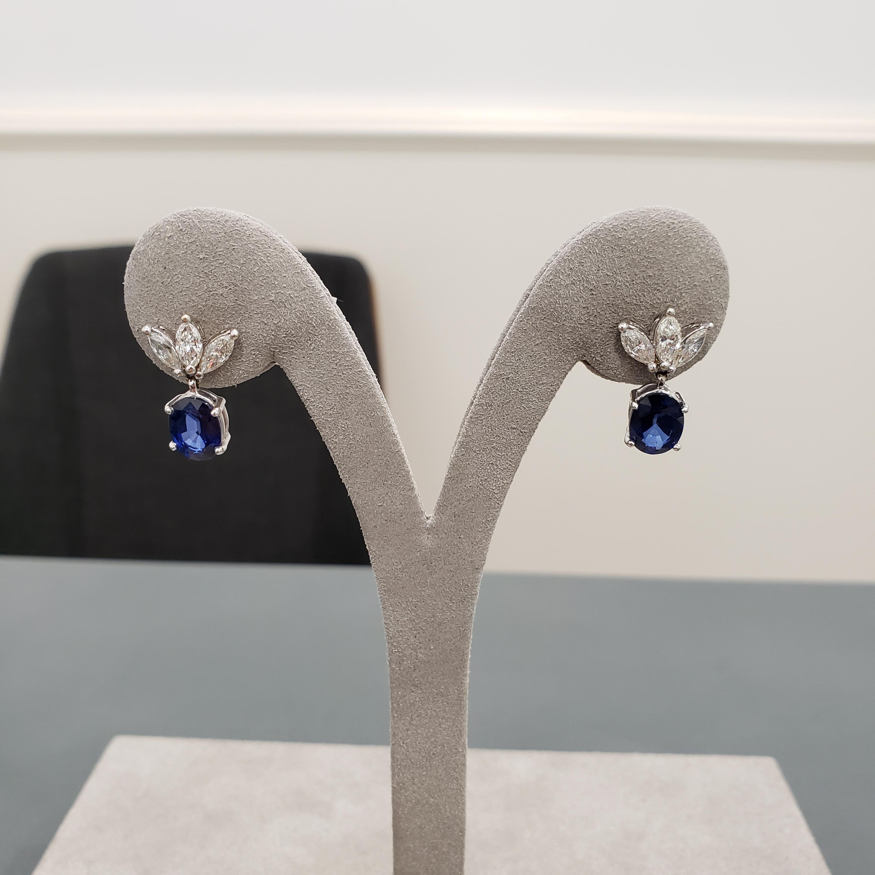 Roman Malakov, Oval Cut Blue Sapphire and Diamond Drop Earrings In New Condition In New York, NY