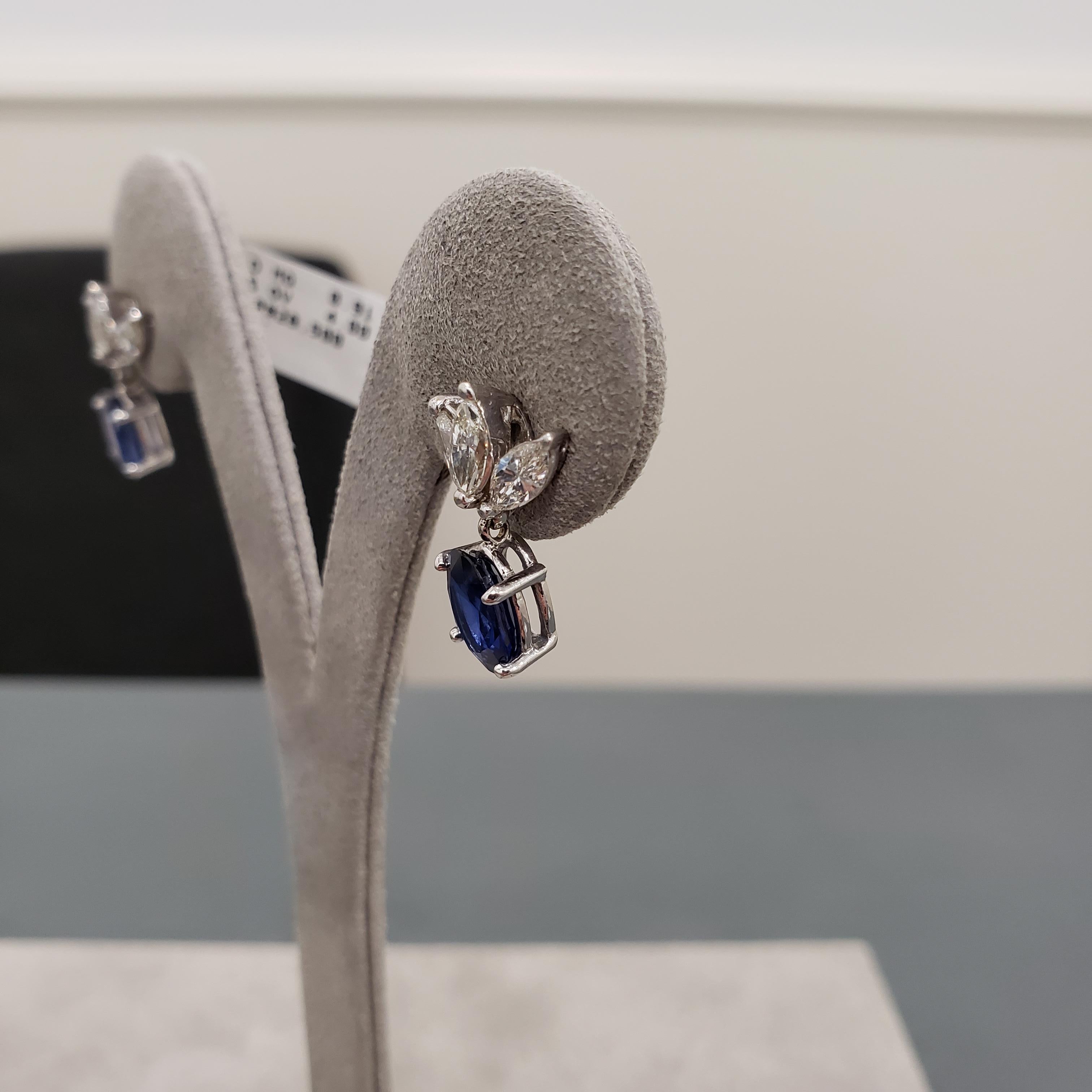 Women's Roman Malakov, Oval Cut Blue Sapphire and Diamond Drop Earrings